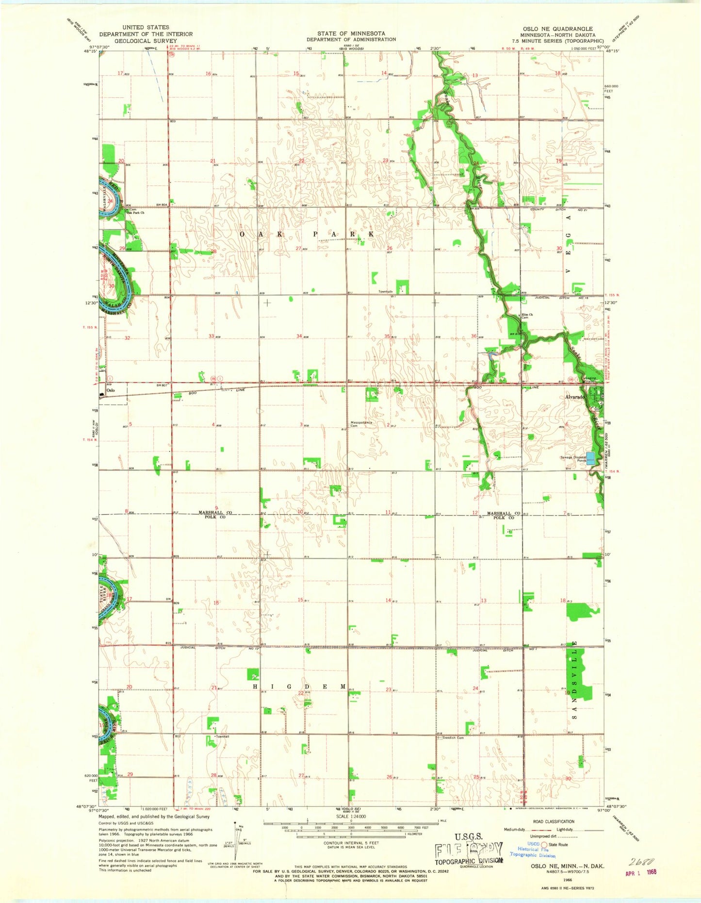 Classic USGS Oslo NE Minnesota 7.5'x7.5' Topo Map Image