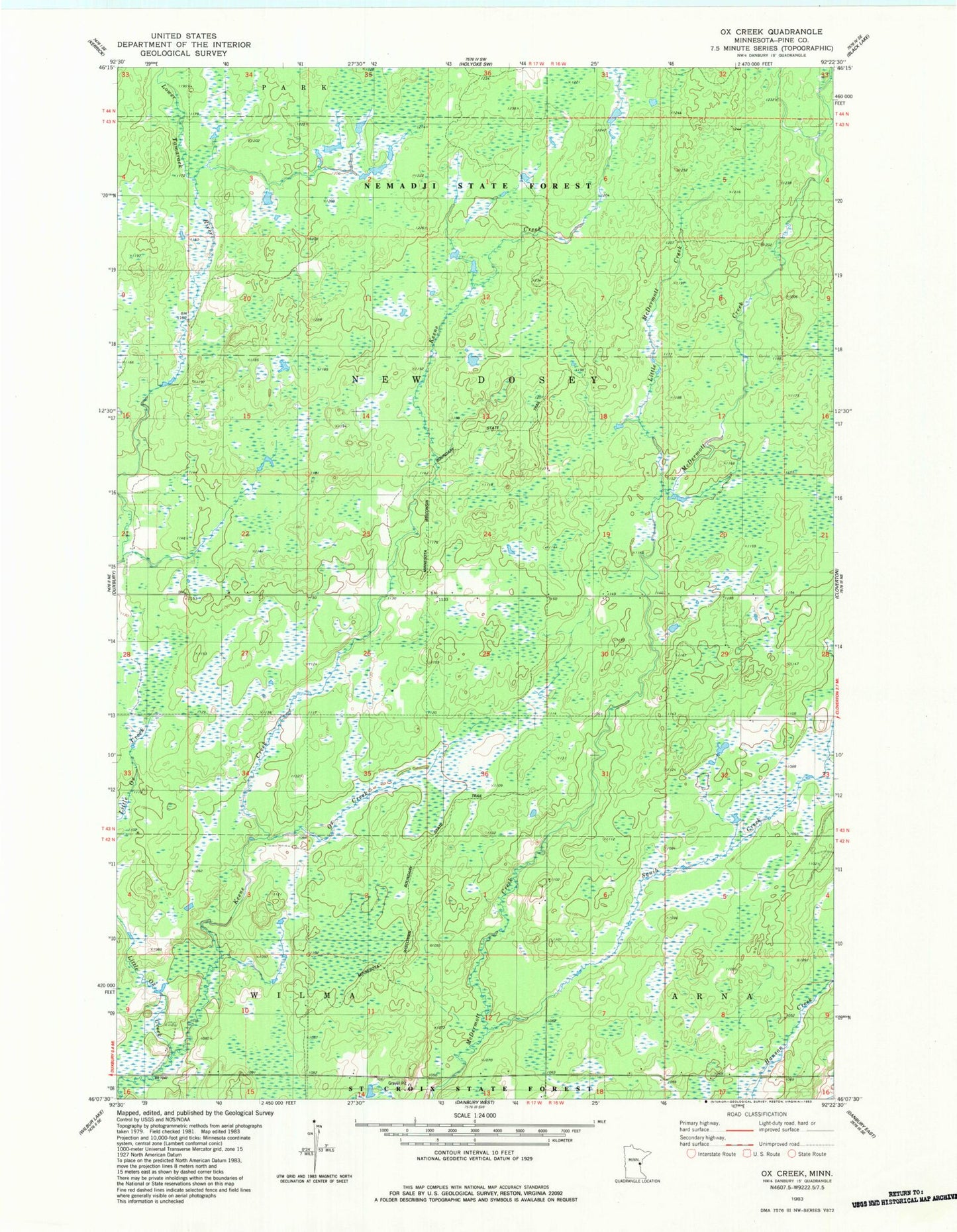 Classic USGS Ox Creek Minnesota 7.5'x7.5' Topo Map Image