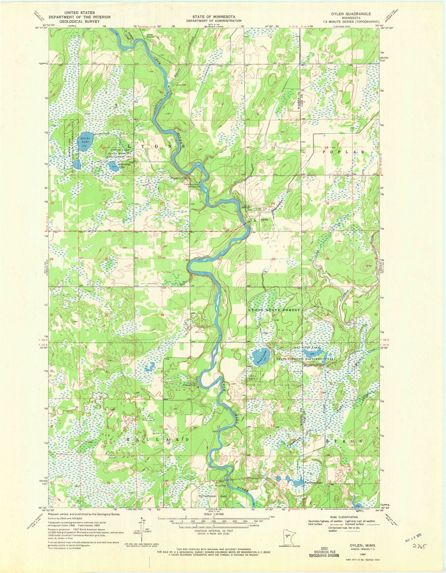 Classic USGS Oylen Minnesota 7.5'x7.5' Topo Map Image