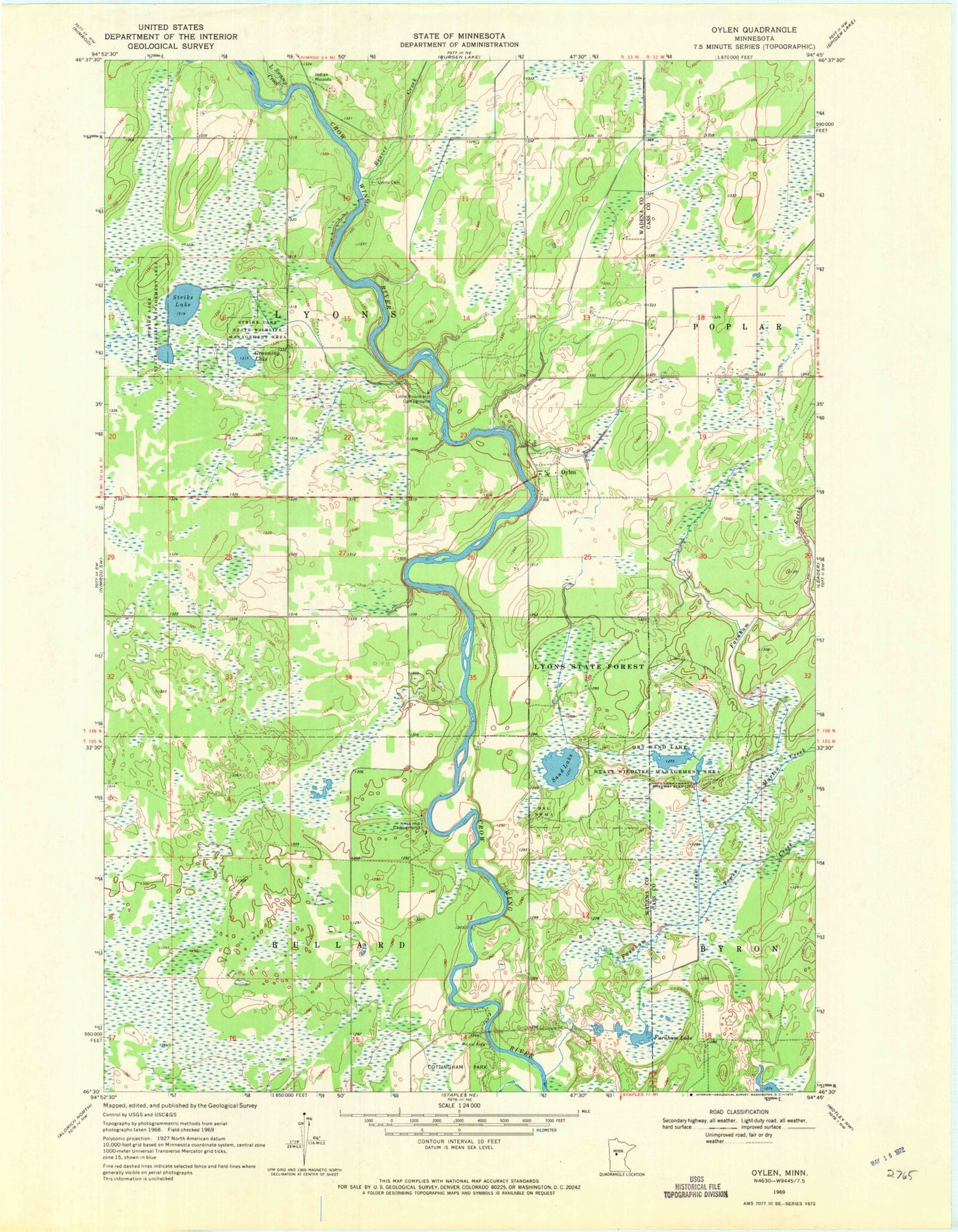 Classic USGS Oylen Minnesota 7.5'x7.5' Topo Map Image
