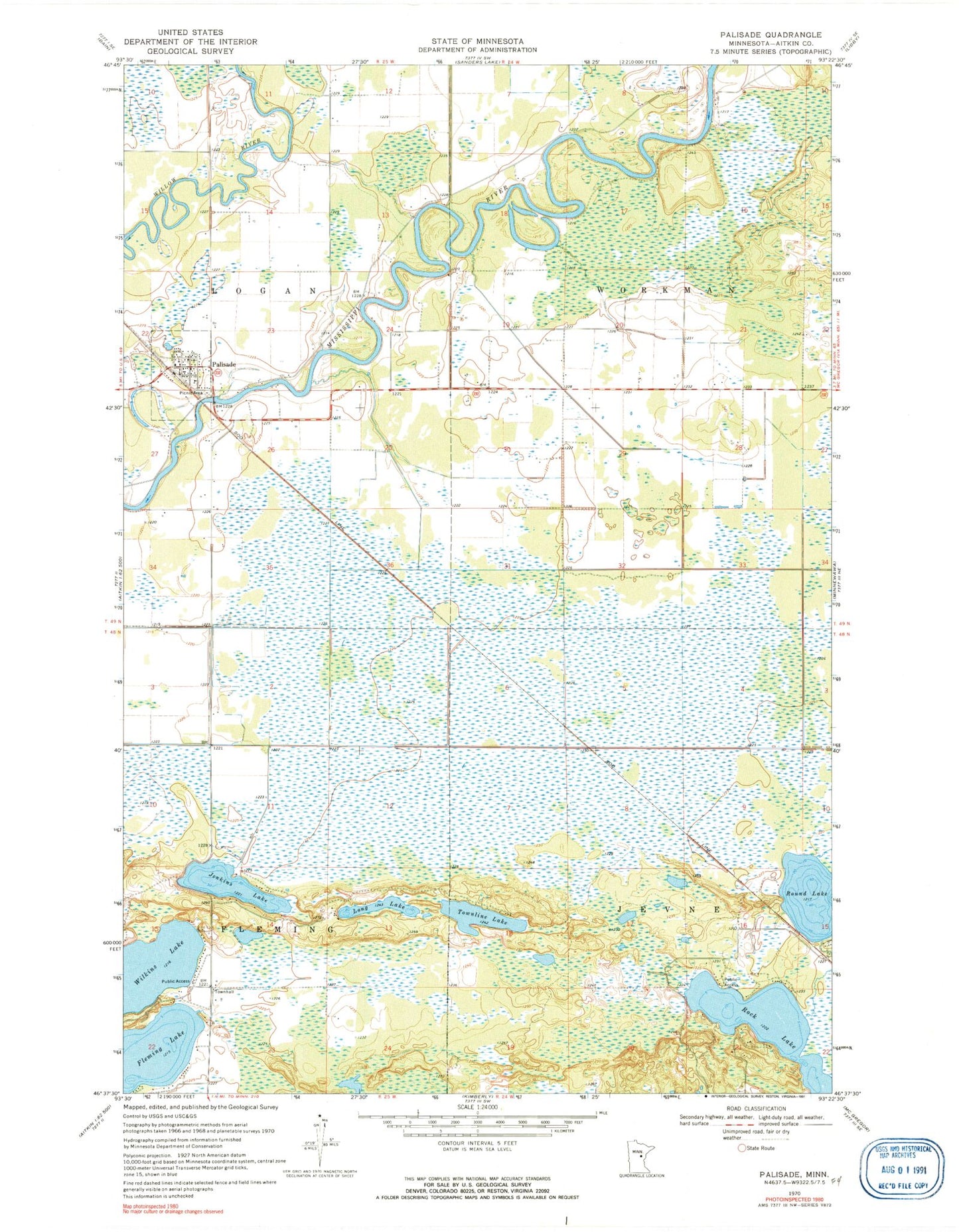 Classic USGS Palisade Minnesota 7.5'x7.5' Topo Map Image