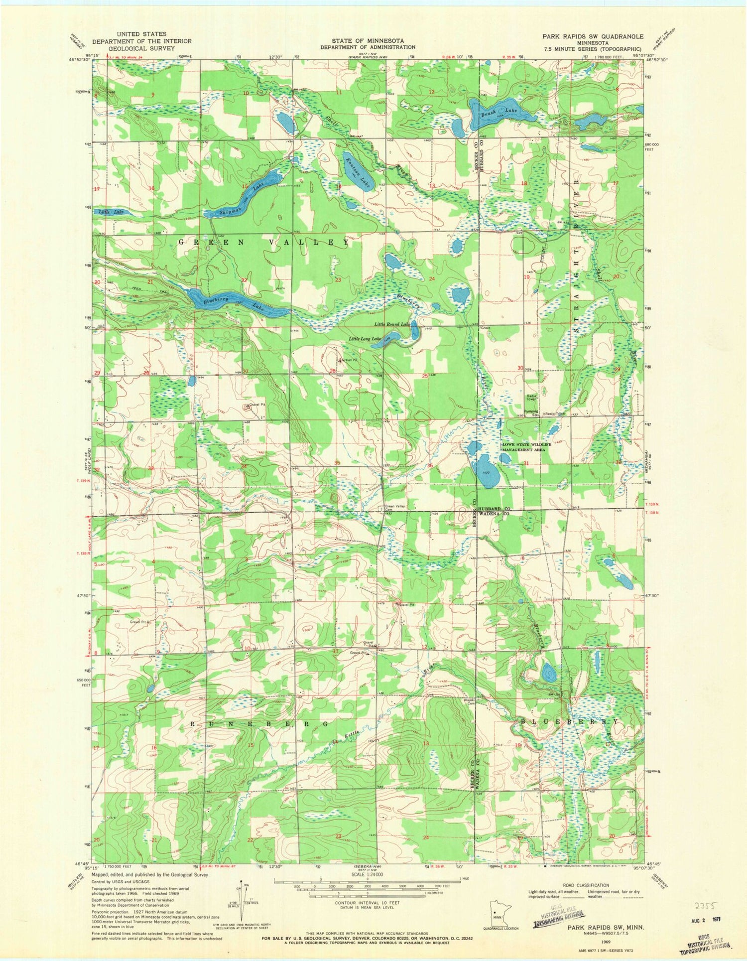 Classic USGS Park Rapids SW Minnesota 7.5'x7.5' Topo Map Image