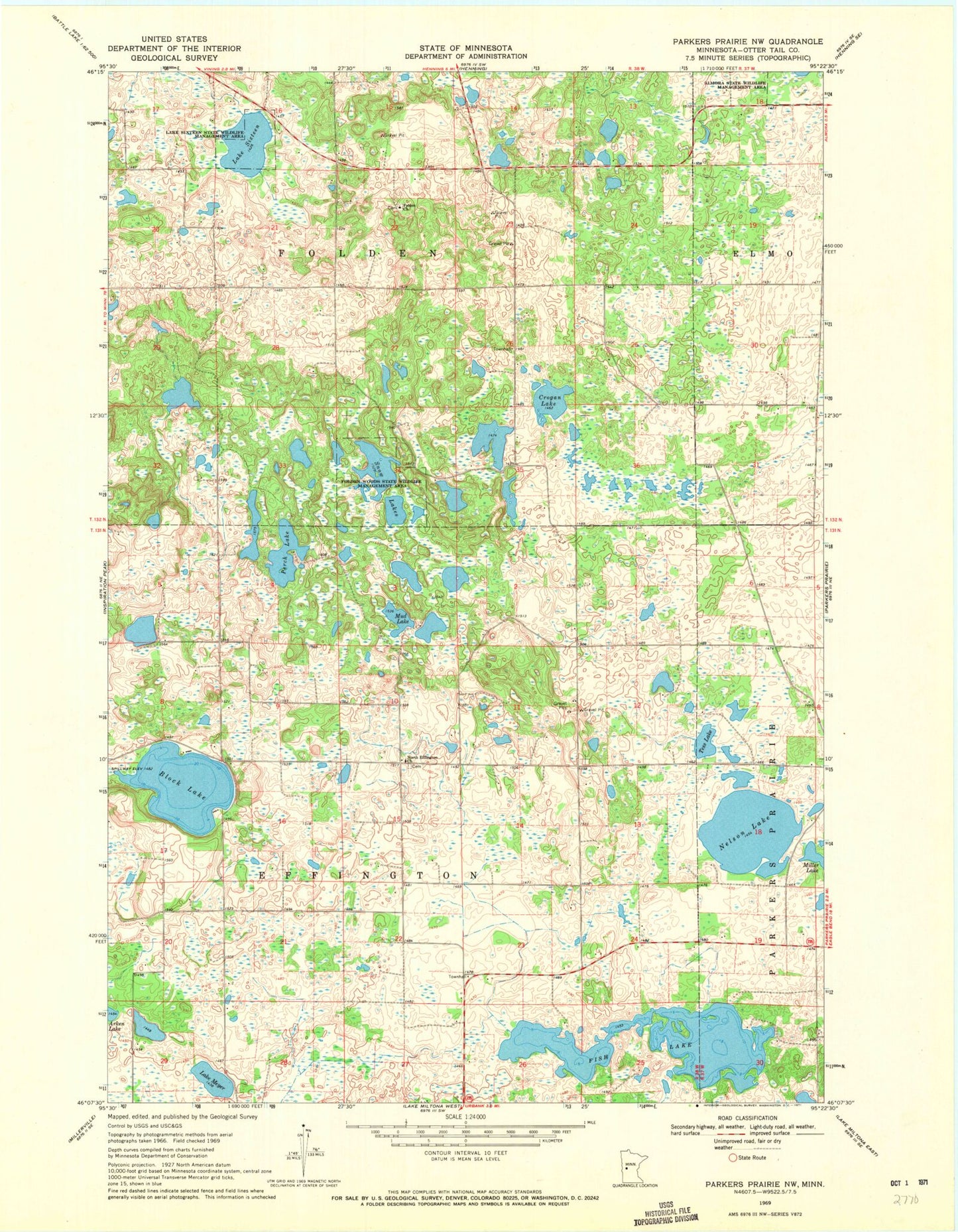 Classic USGS Parkers Prairie NW Minnesota 7.5'x7.5' Topo Map Image