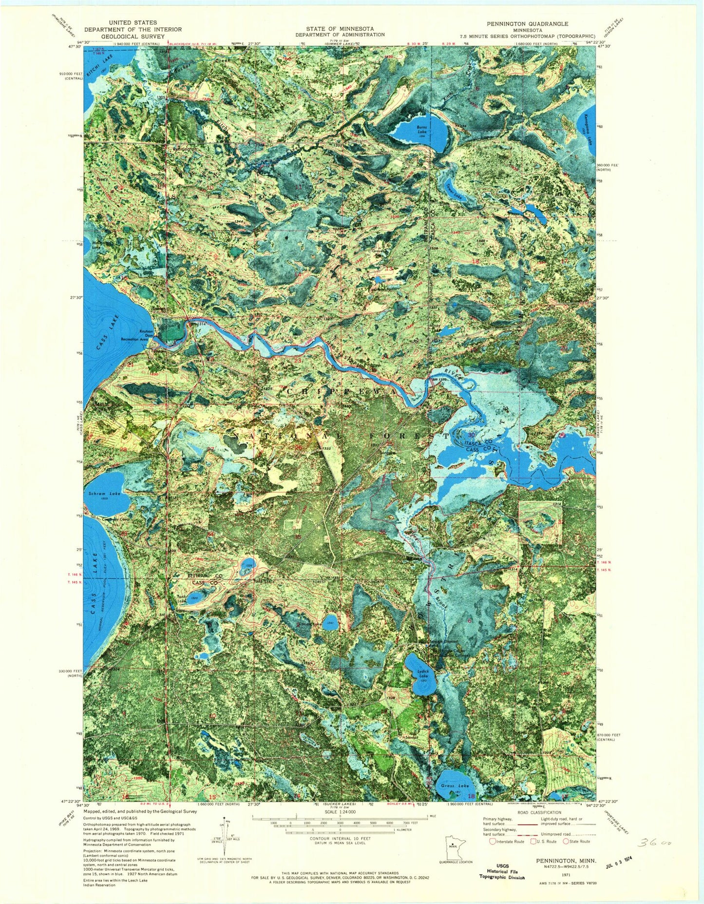 Classic USGS Pennington Minnesota 7.5'x7.5' Topo Map Image