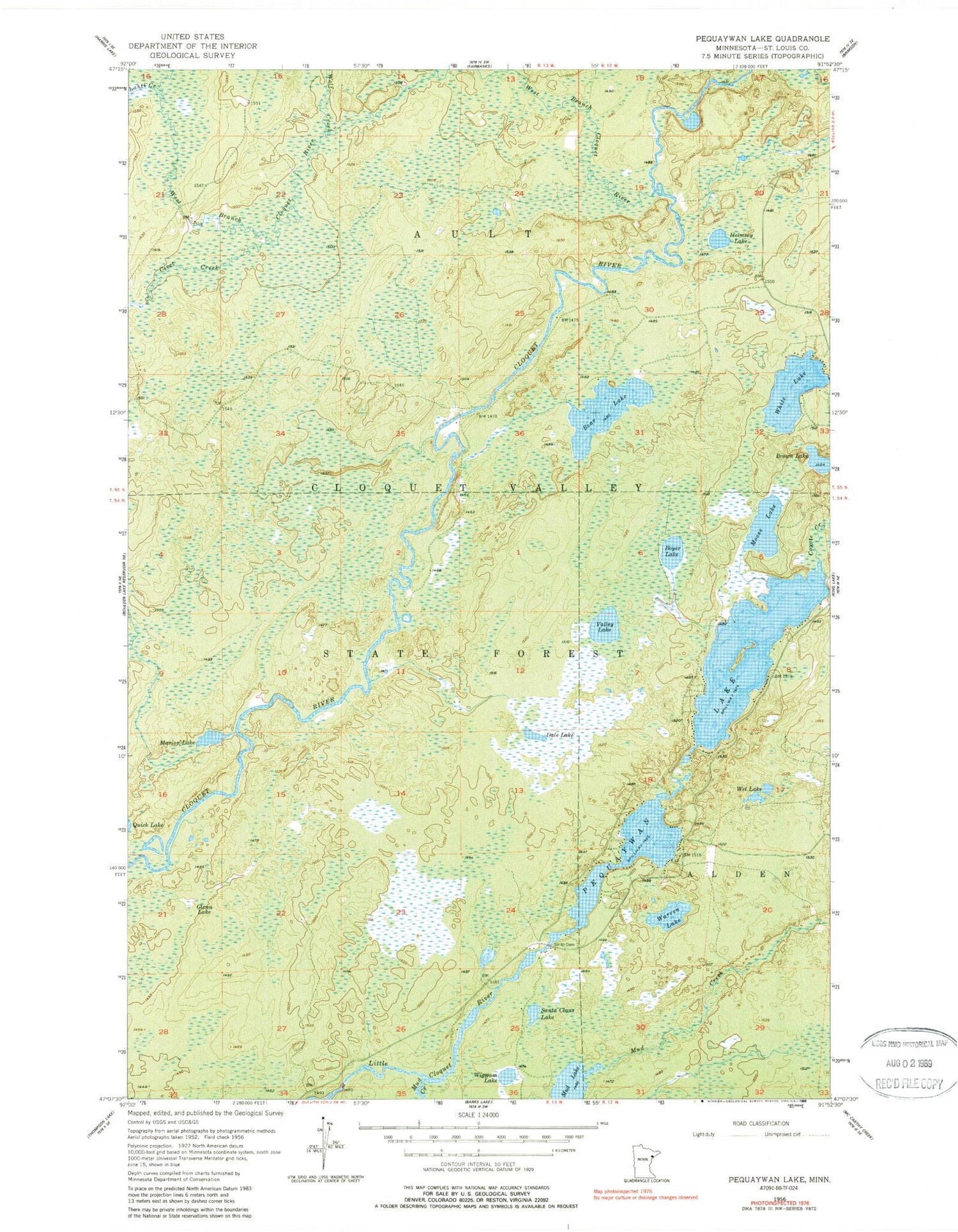 Classic USGS Pequaywan Lake Minnesota 7.5'x7.5' Topo Map Image