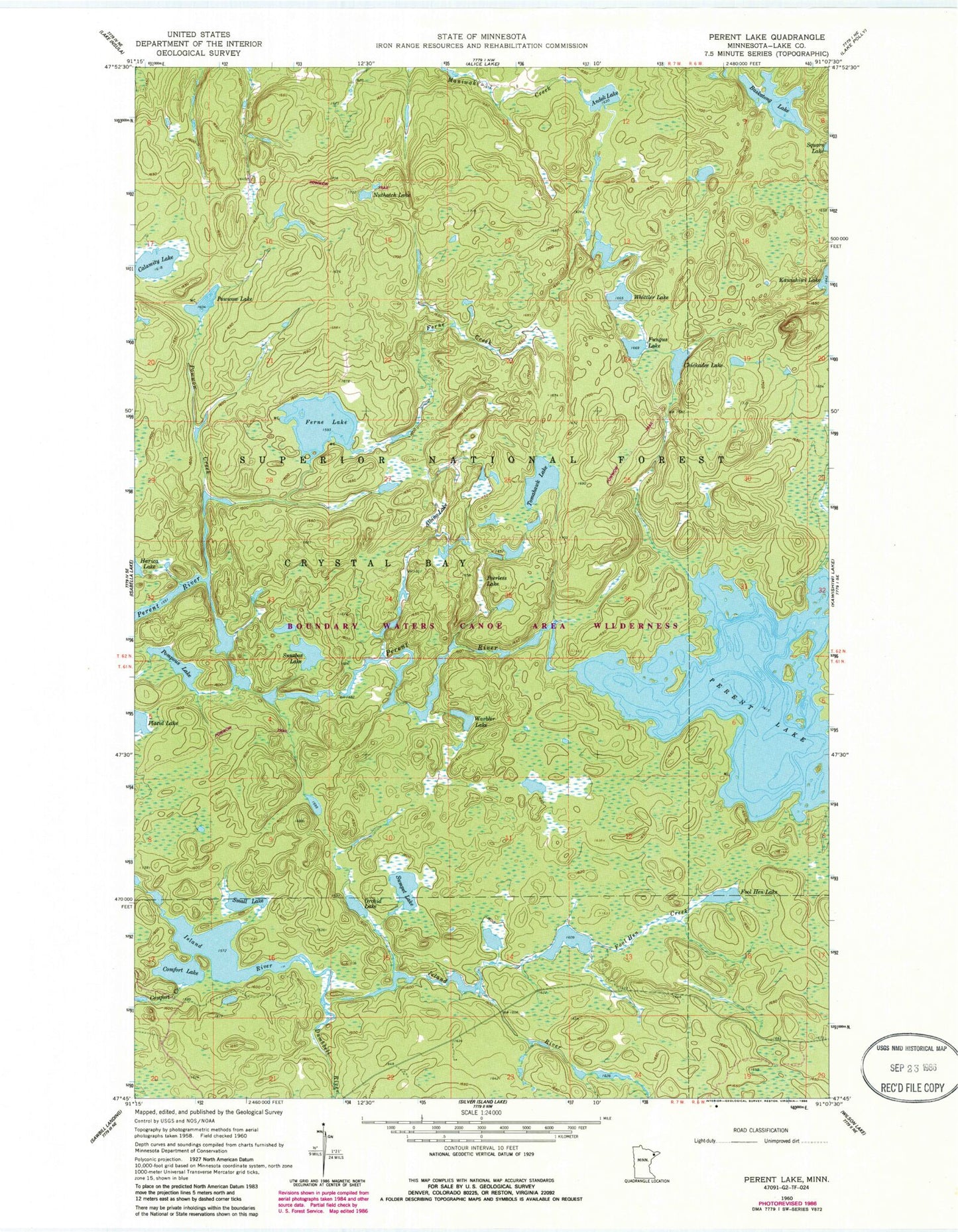 Classic USGS Perent Lake Minnesota 7.5'x7.5' Topo Map Image
