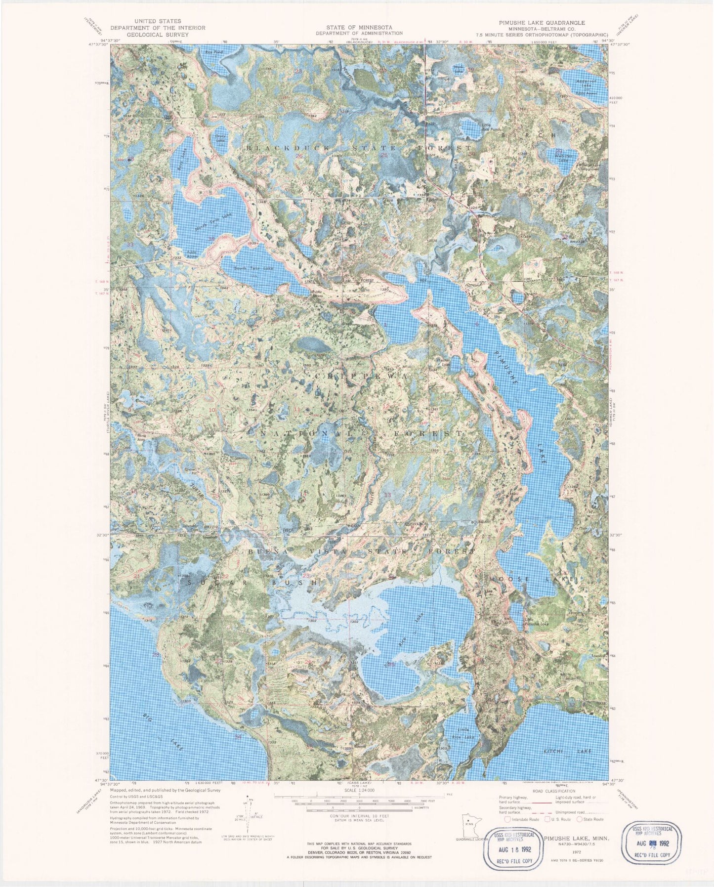 Classic USGS Pimushe Lake Minnesota 7.5'x7.5' Topo Map Image
