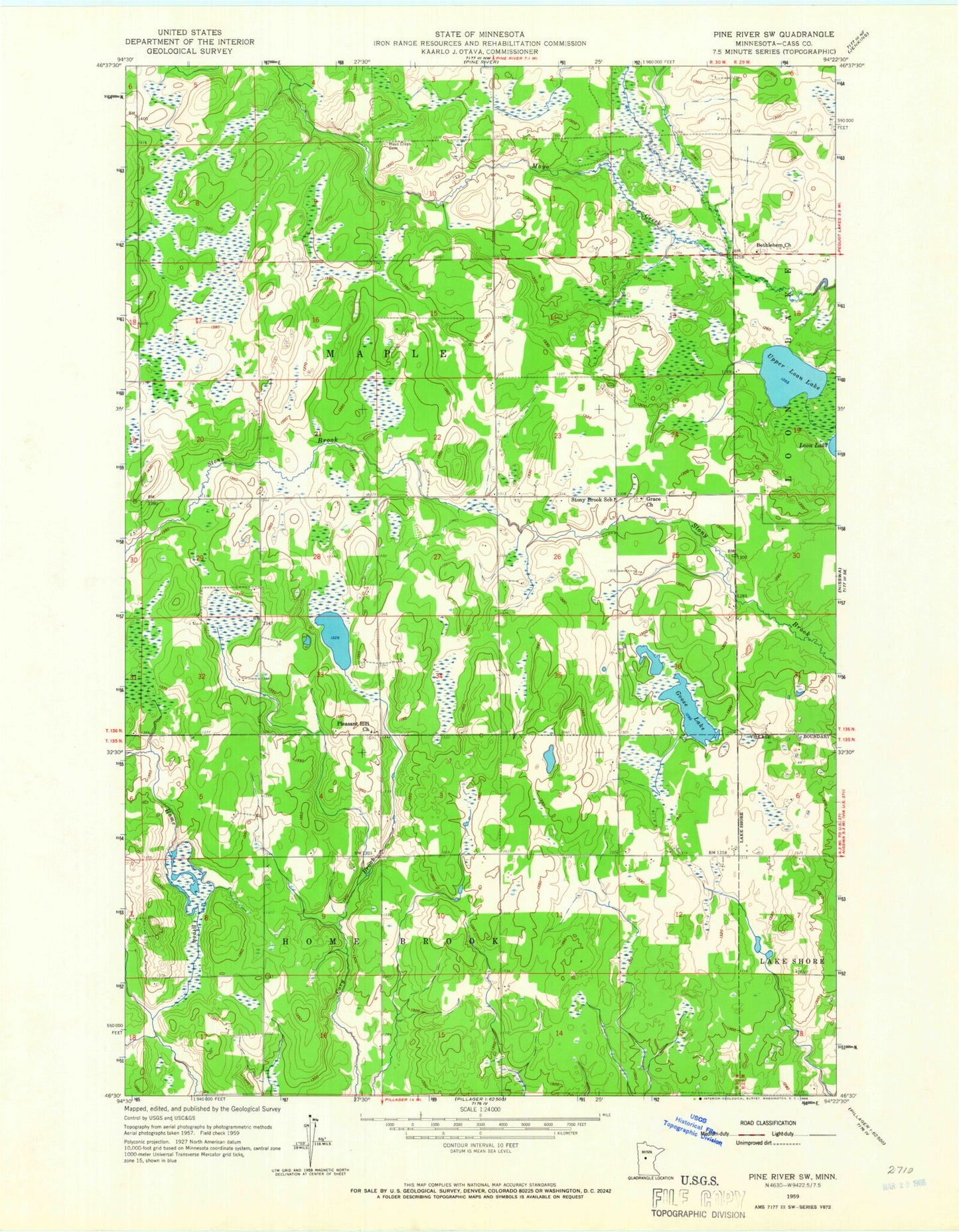 Classic USGS Pine River SW Minnesota 7.5'x7.5' Topo Map Image