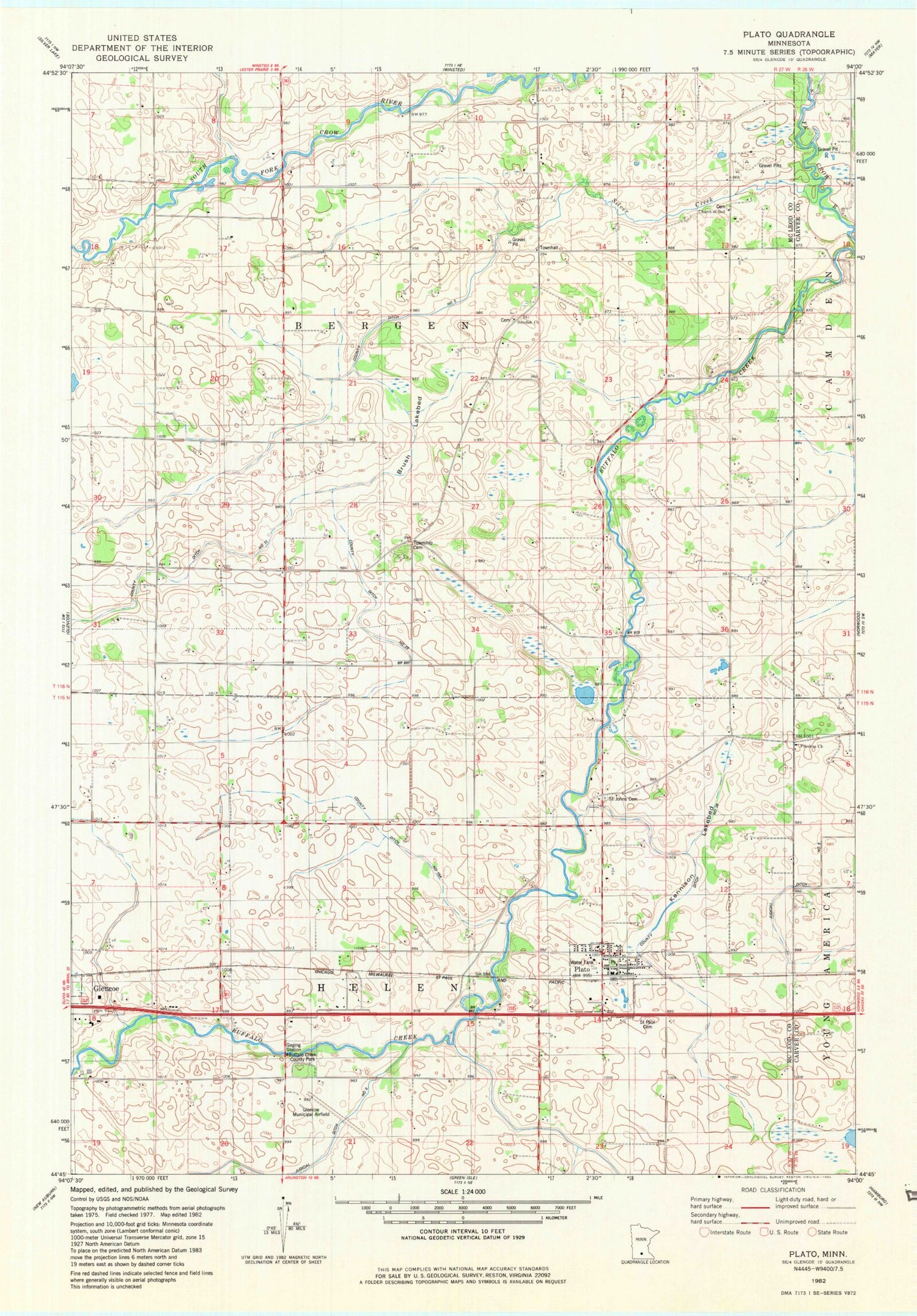 Classic USGS Plato Minnesota 7.5'x7.5' Topo Map Image