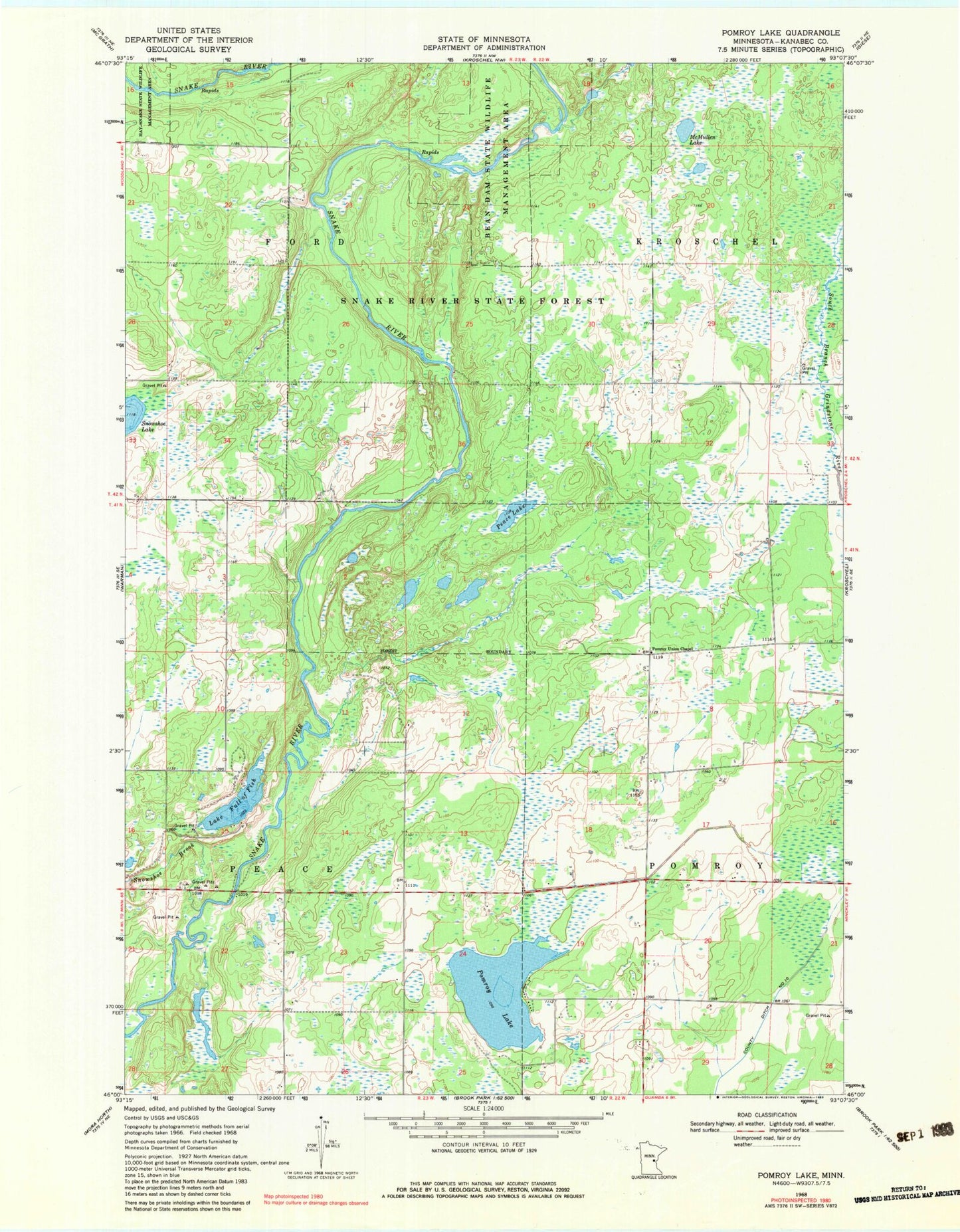 Classic USGS Pomroy Lake Minnesota 7.5'x7.5' Topo Map Image
