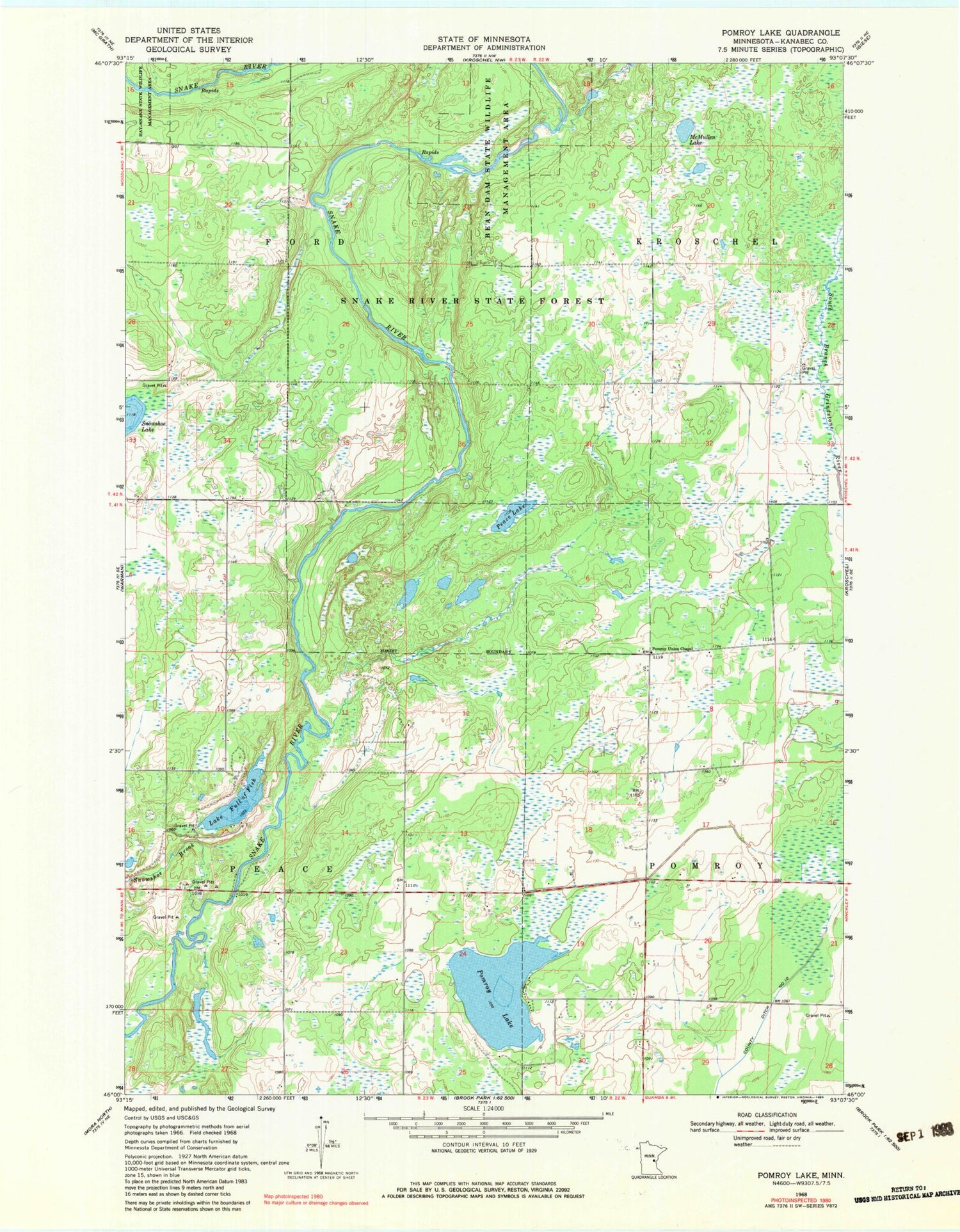 Classic USGS Pomroy Lake Minnesota 7.5'x7.5' Topo Map Image