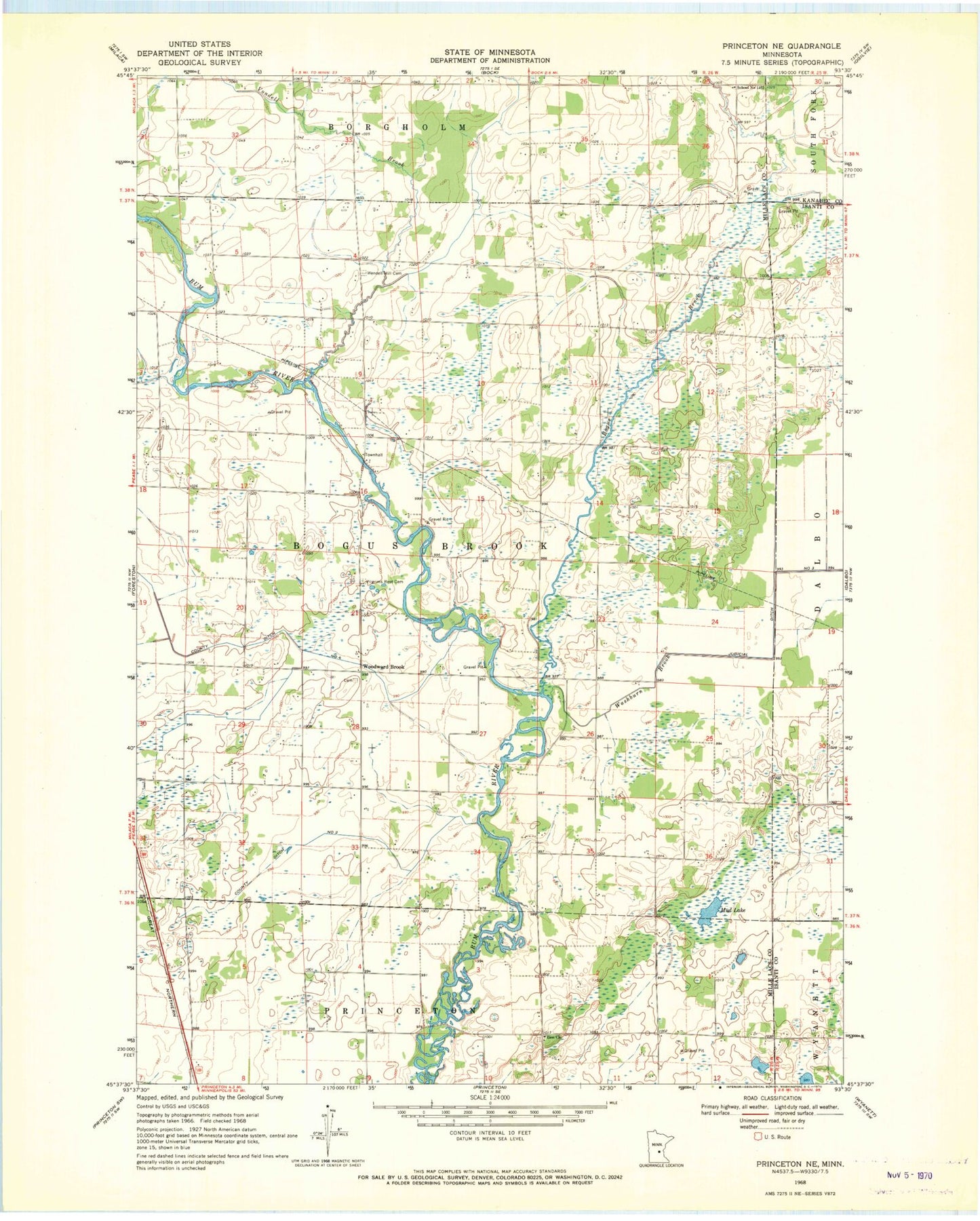 Classic USGS Princeton NE Minnesota 7.5'x7.5' Topo Map Image