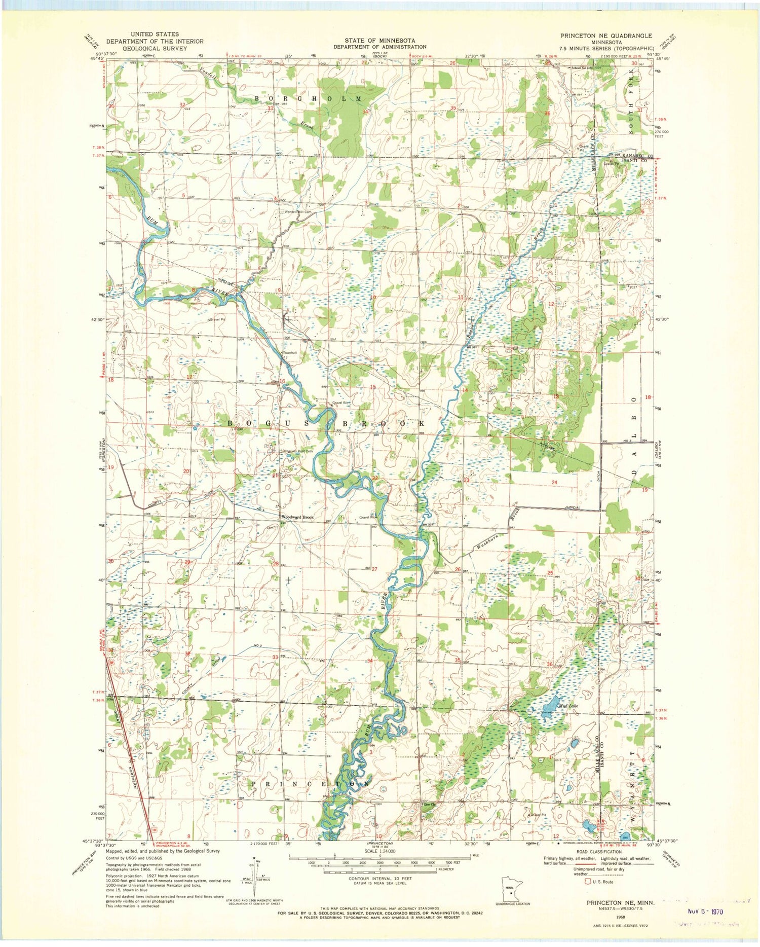 Classic USGS Princeton NE Minnesota 7.5'x7.5' Topo Map Image
