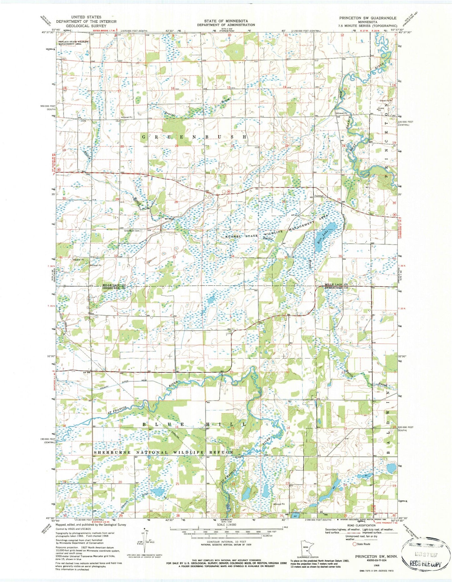 Classic USGS Princeton SW Minnesota 7.5'x7.5' Topo Map Image