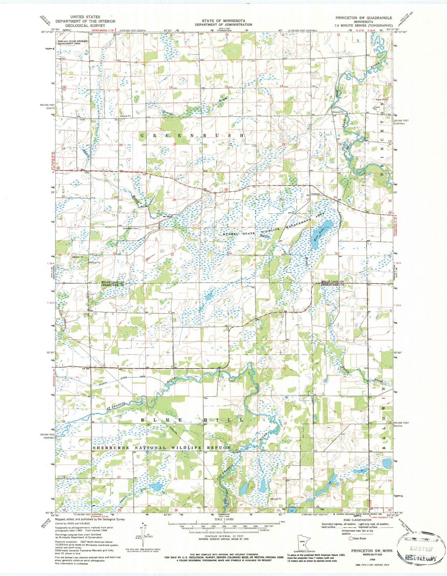 Classic USGS Princeton SW Minnesota 7.5'x7.5' Topo Map Image