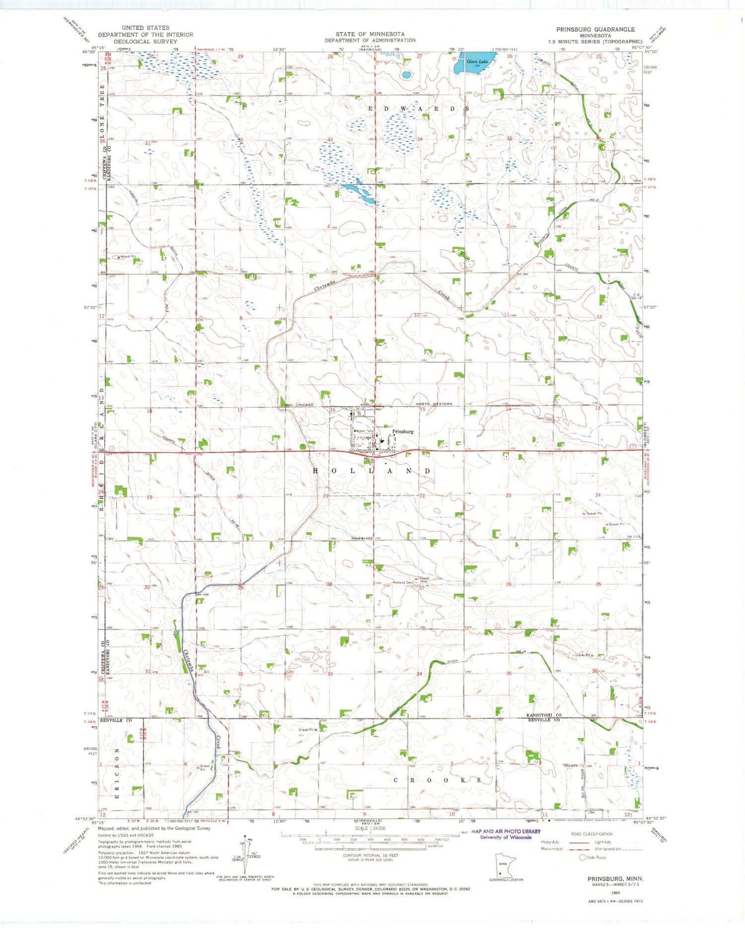 Classic USGS Prinsburg Minnesota 7.5'x7.5' Topo Map Image
