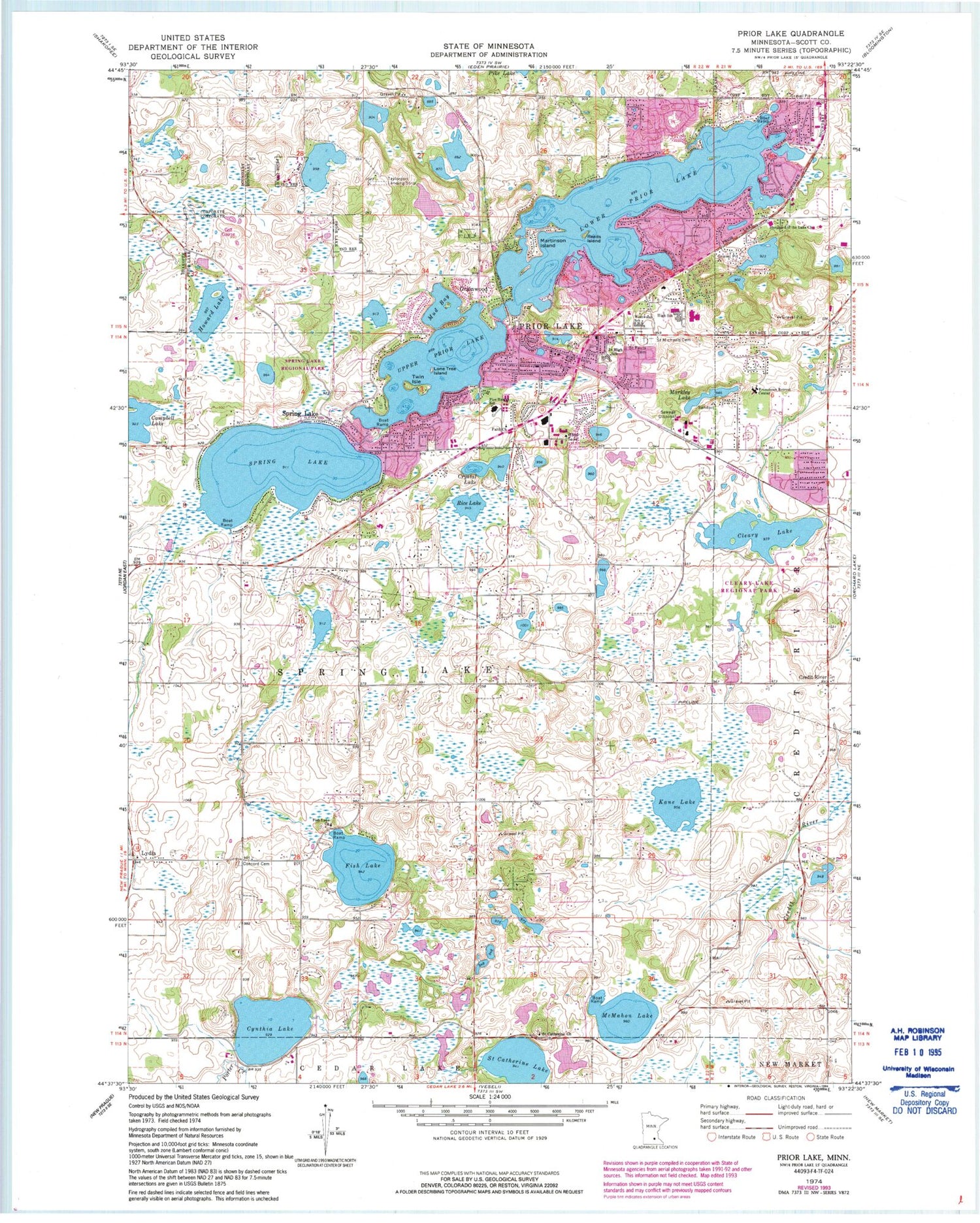 Classic USGS Prior Lake Minnesota 7.5'x7.5' Topo Map Image