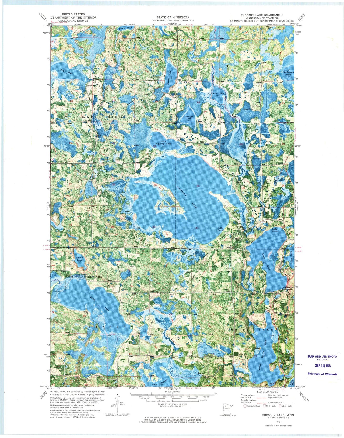 Classic USGS Puposky Lake Minnesota 7.5'x7.5' Topo Map Image