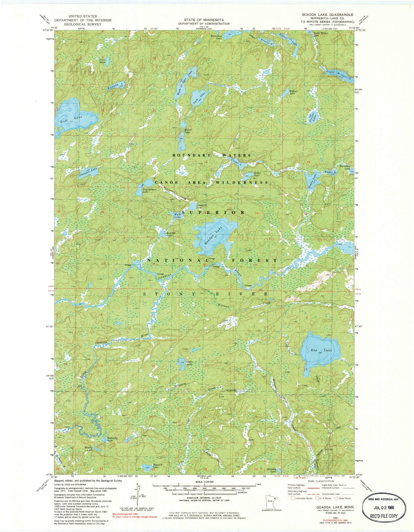 Classic USGS Quadga Lake Minnesota 7.5'x7.5' Topo Map Image