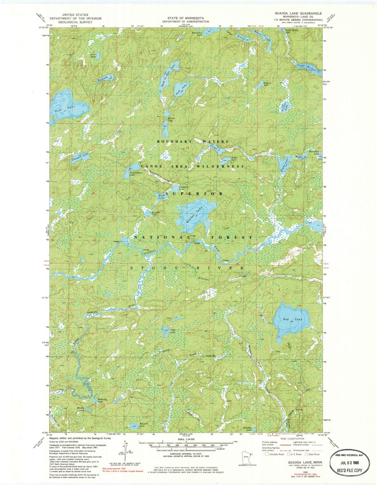 Classic USGS Quadga Lake Minnesota 7.5'x7.5' Topo Map Image