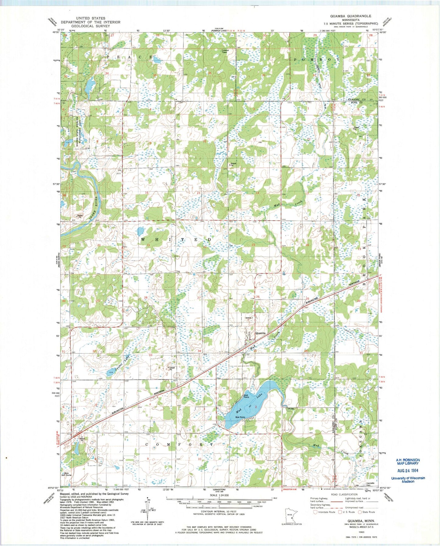 Classic USGS Quamba Minnesota 7.5'x7.5' Topo Map Image