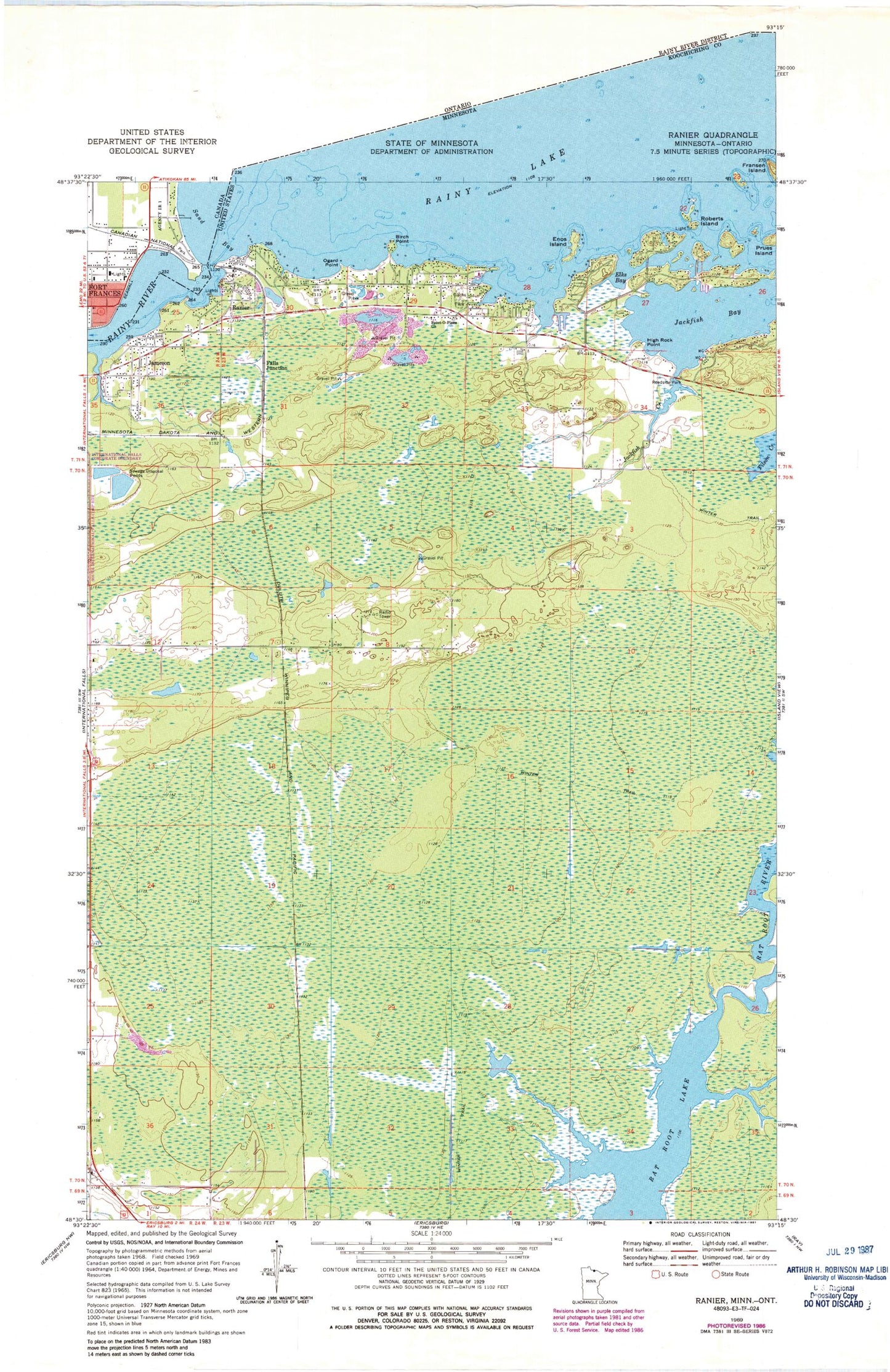 Classic USGS Ranier Minnesota 7.5'x7.5' Topo Map Image