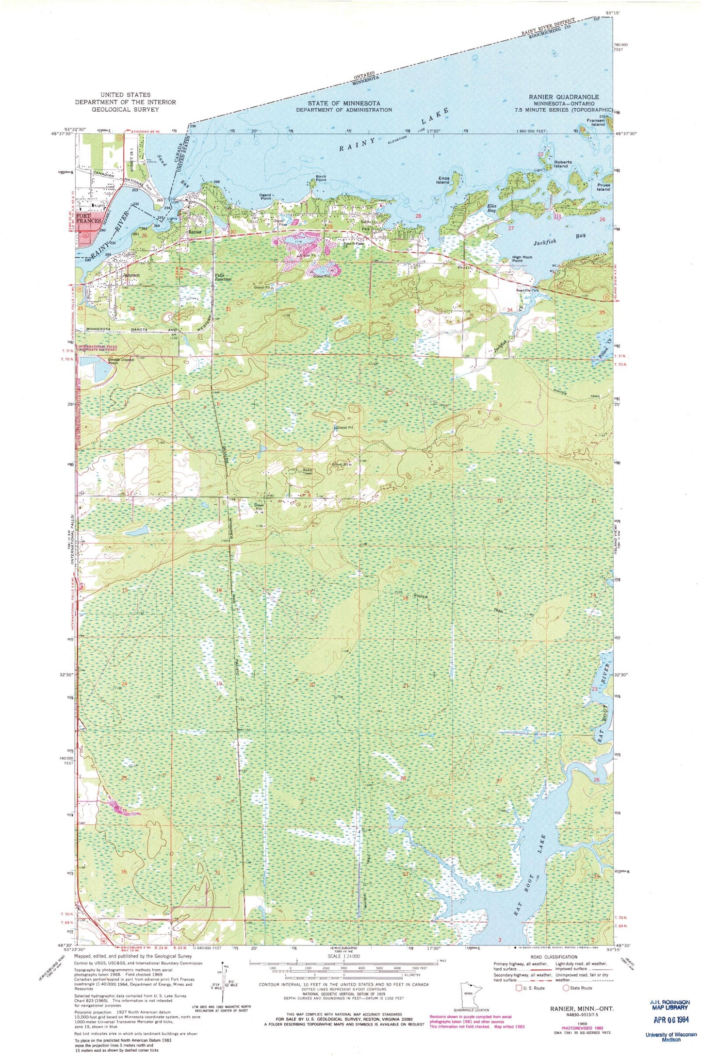 Classic USGS Ranier Minnesota 7.5'x7.5' Topo Map Image