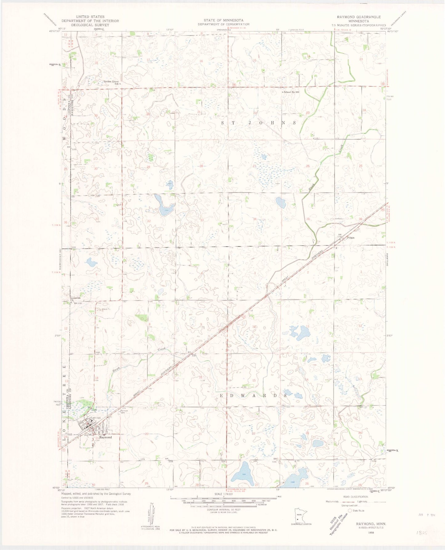 Classic USGS Raymond Minnesota 7.5'x7.5' Topo Map Image