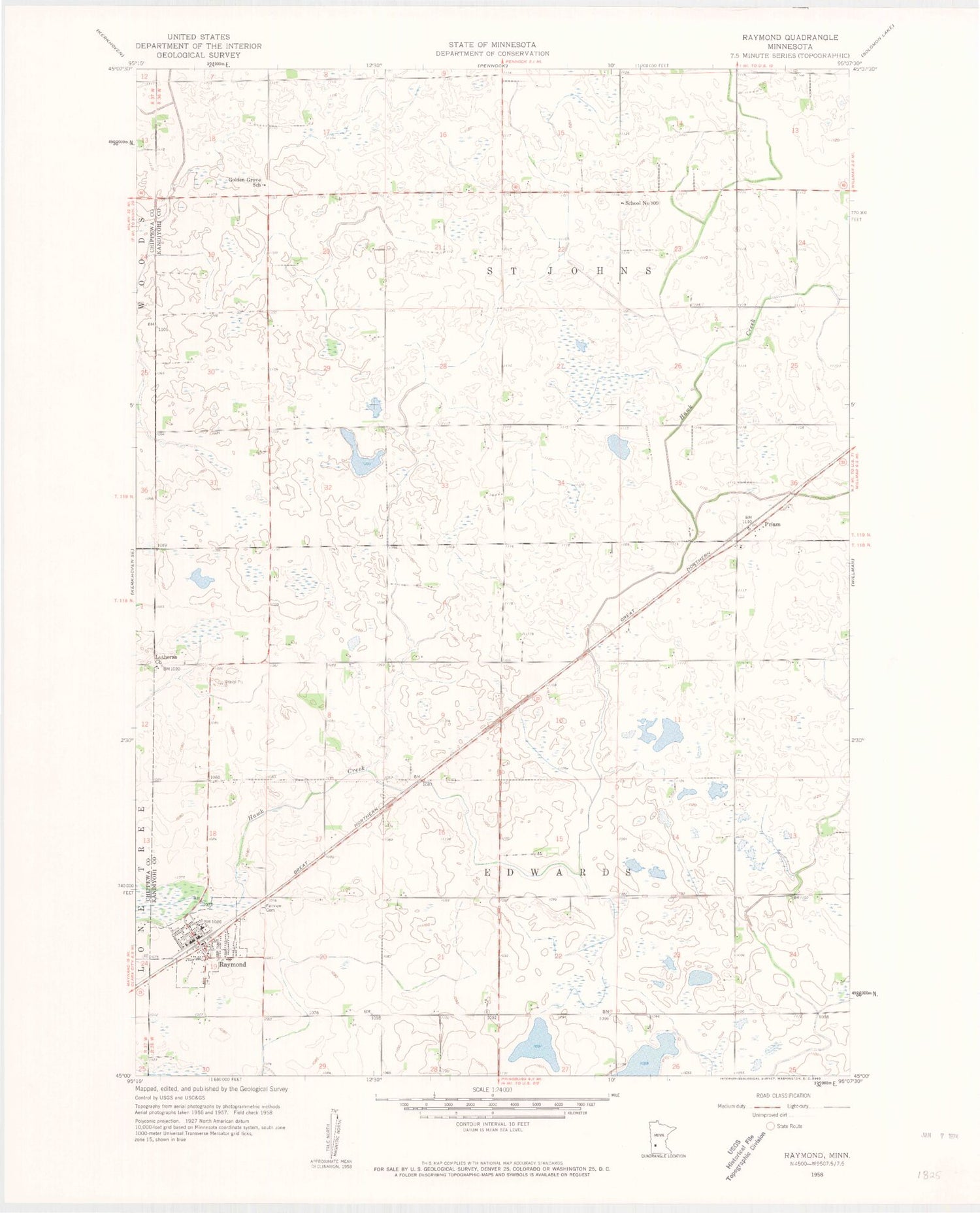 Classic USGS Raymond Minnesota 7.5'x7.5' Topo Map Image
