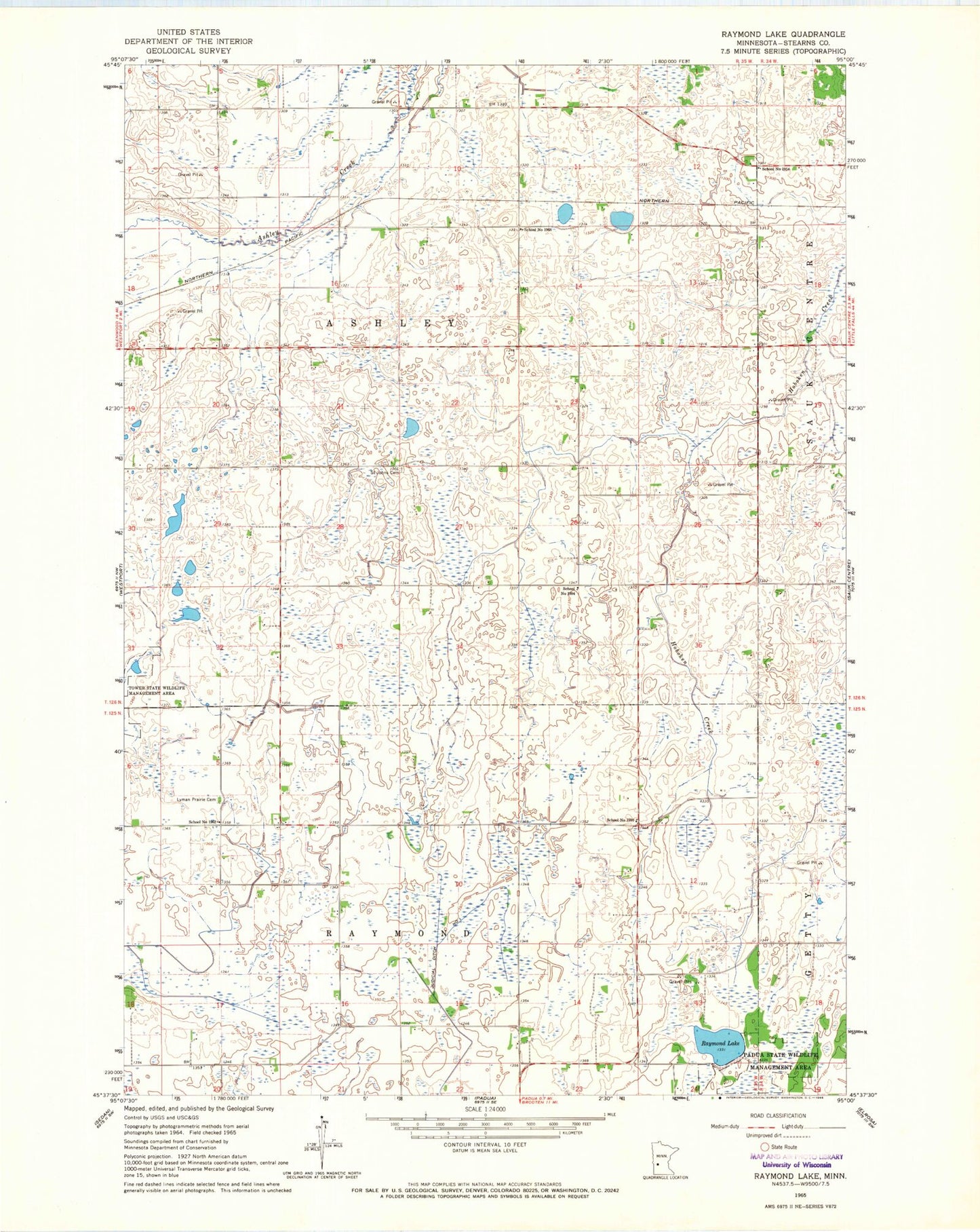 Classic USGS Raymond Lake Minnesota 7.5'x7.5' Topo Map Image