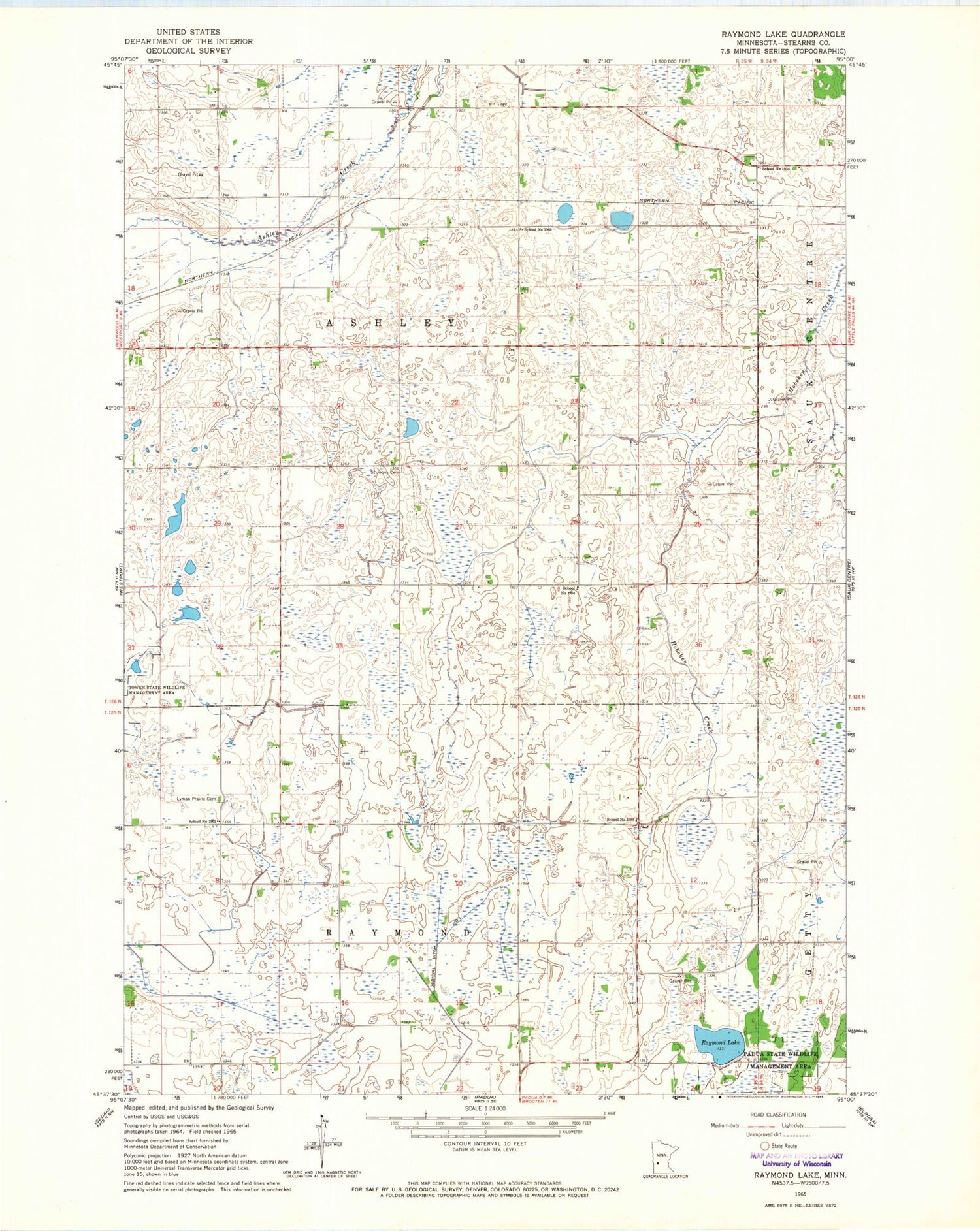 Classic USGS Raymond Lake Minnesota 7.5'x7.5' Topo Map Image