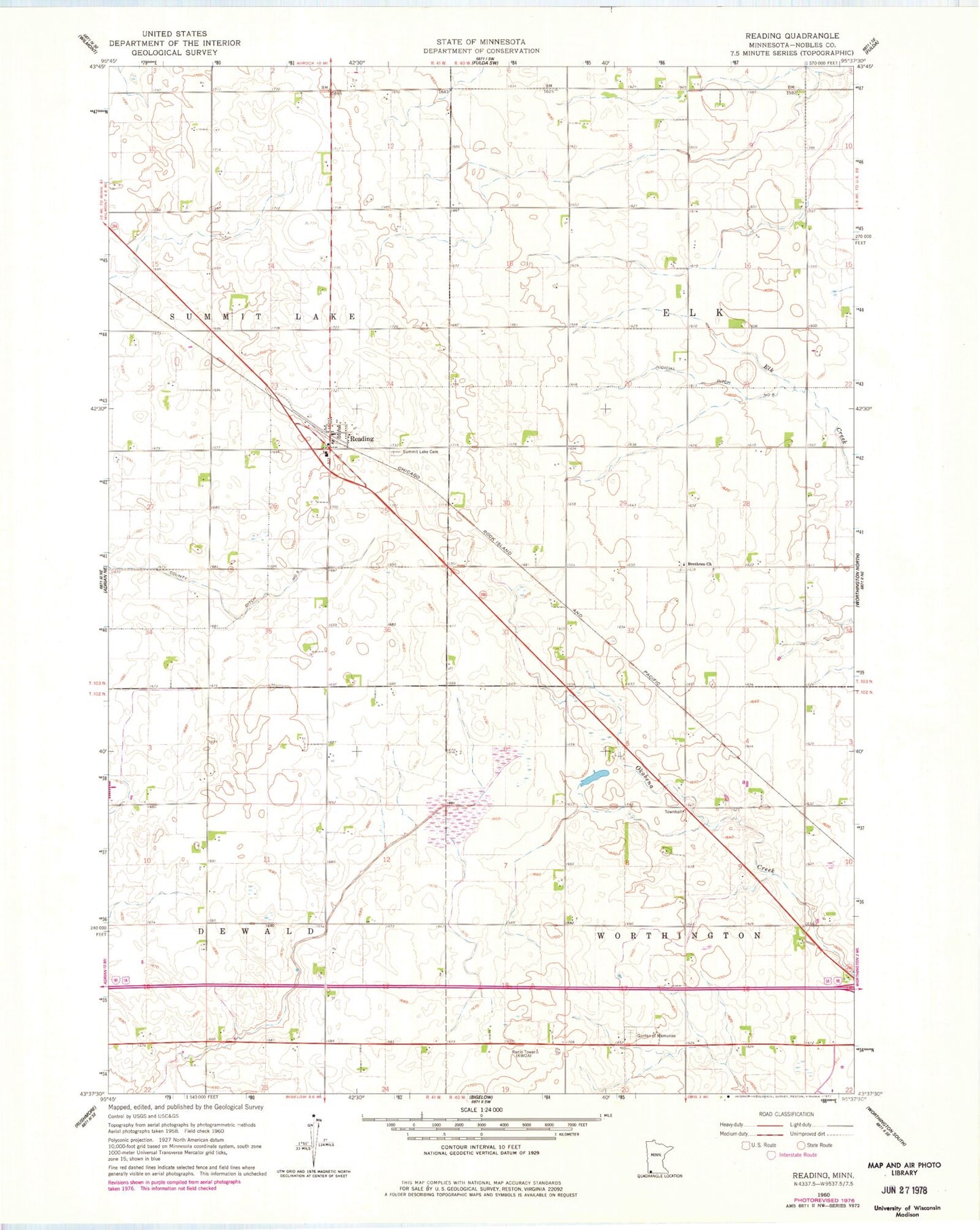 Classic USGS Reading Minnesota 7.5'x7.5' Topo Map Image