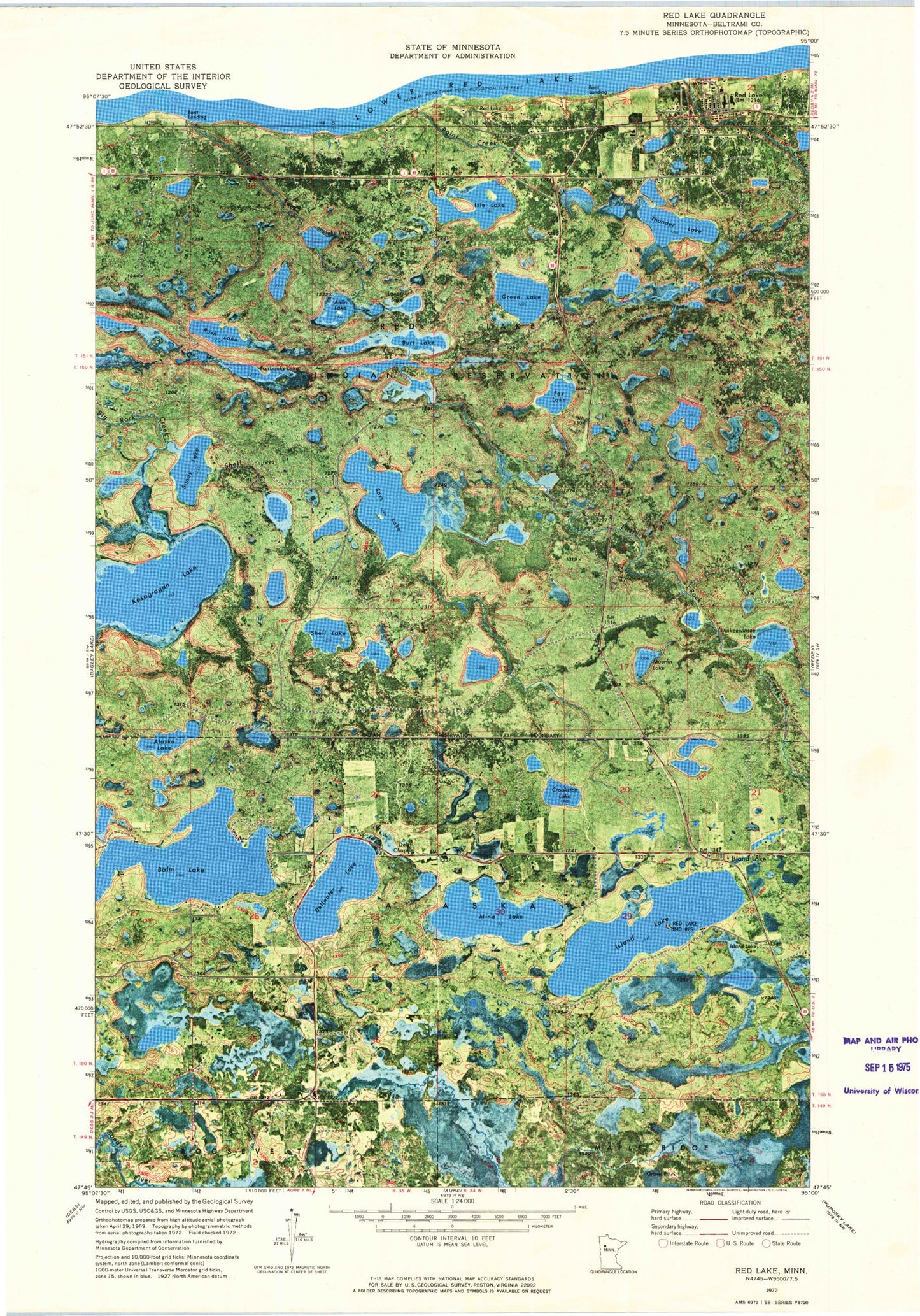 Classic USGS Red Lake Minnesota 7.5'x7.5' Topo Map Image