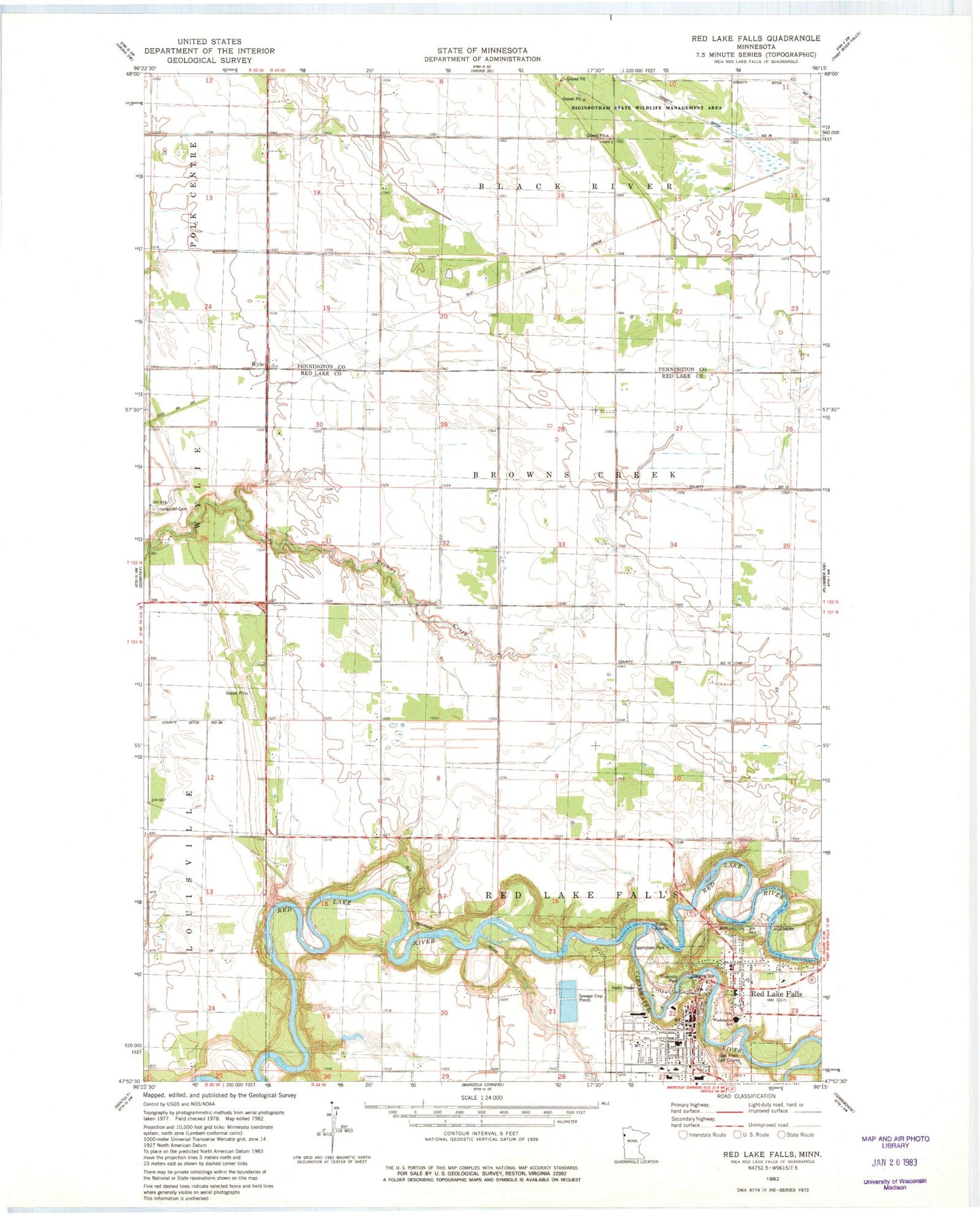 Classic USGS Red Lake Falls Minnesota 7.5'x7.5' Topo Map Image