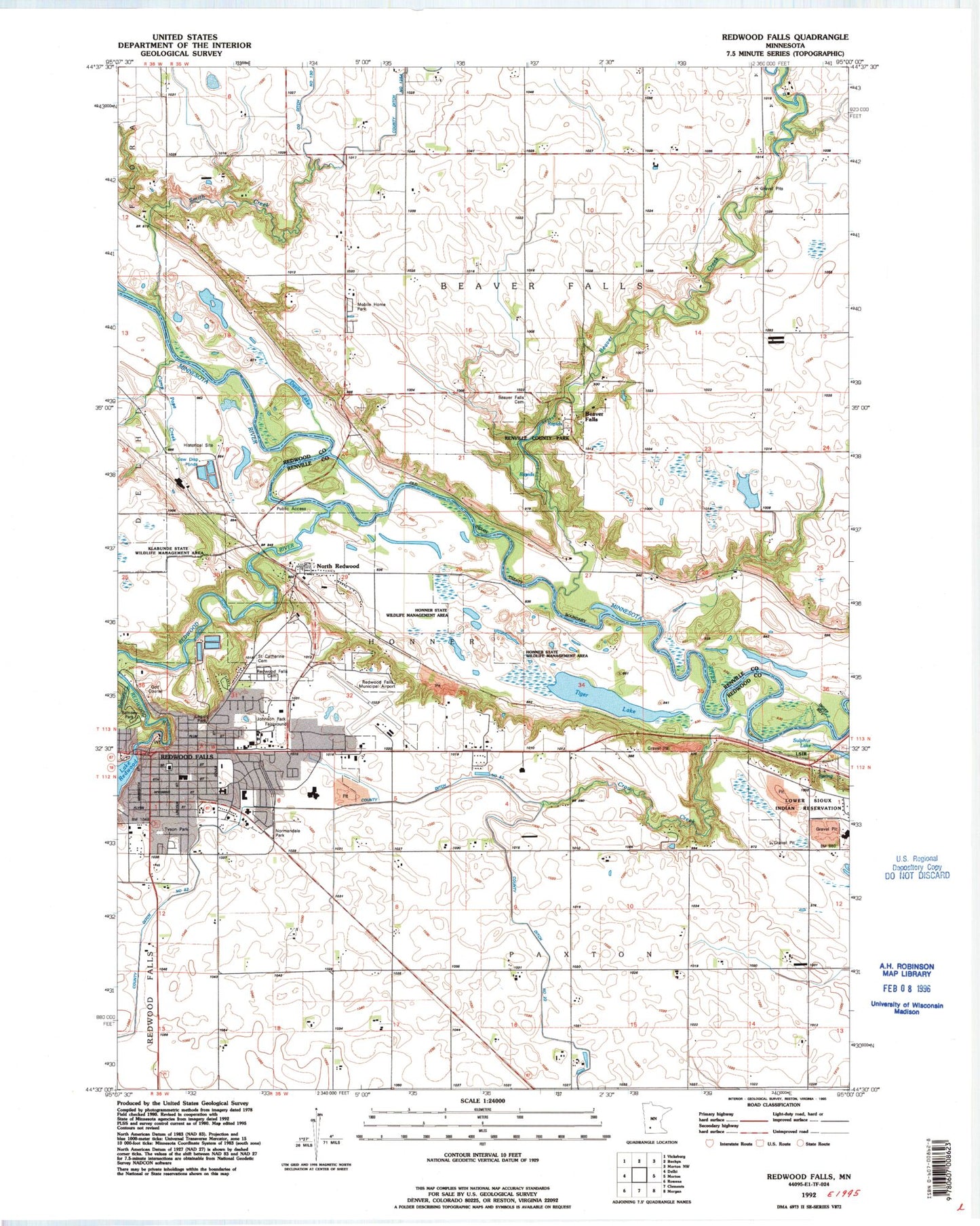 Classic USGS Redwood Falls Minnesota 7.5'x7.5' Topo Map Image