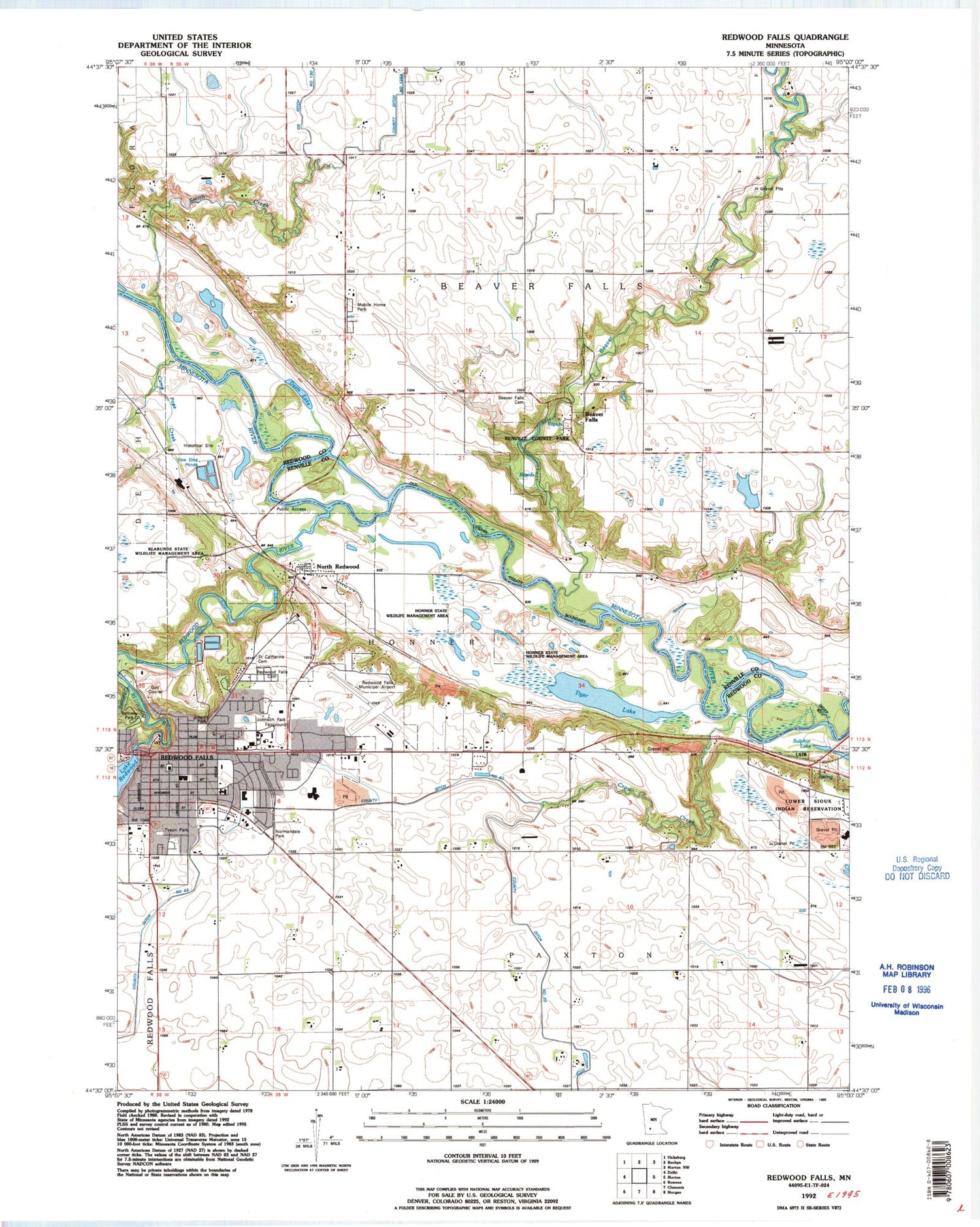 Classic USGS Redwood Falls Minnesota 7.5'x7.5' Topo Map Image