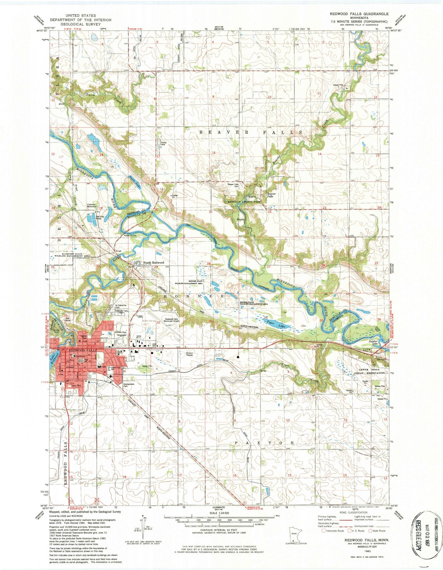 Classic USGS Redwood Falls Minnesota 7.5'x7.5' Topo Map Image