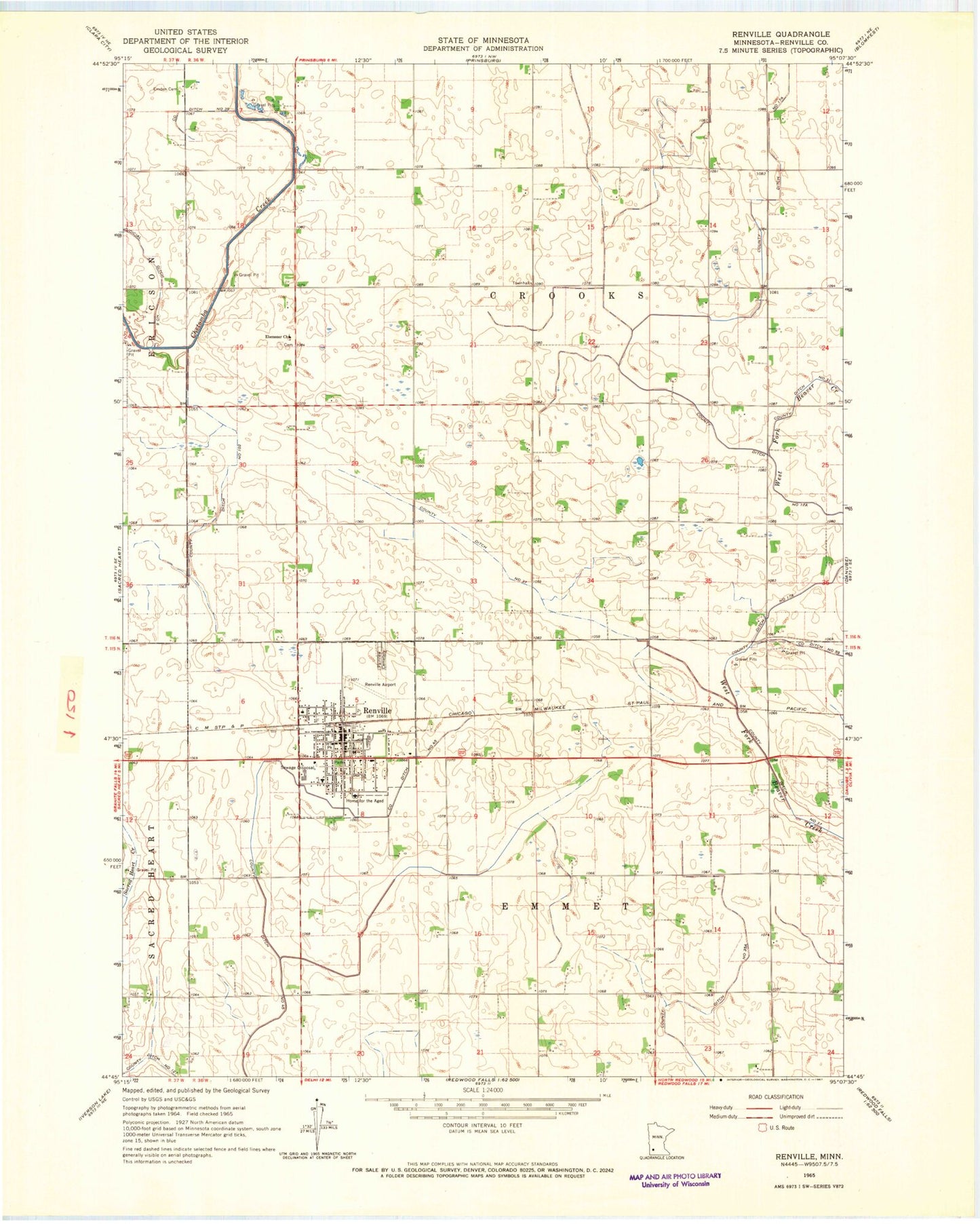Classic USGS Renville Minnesota 7.5'x7.5' Topo Map Image