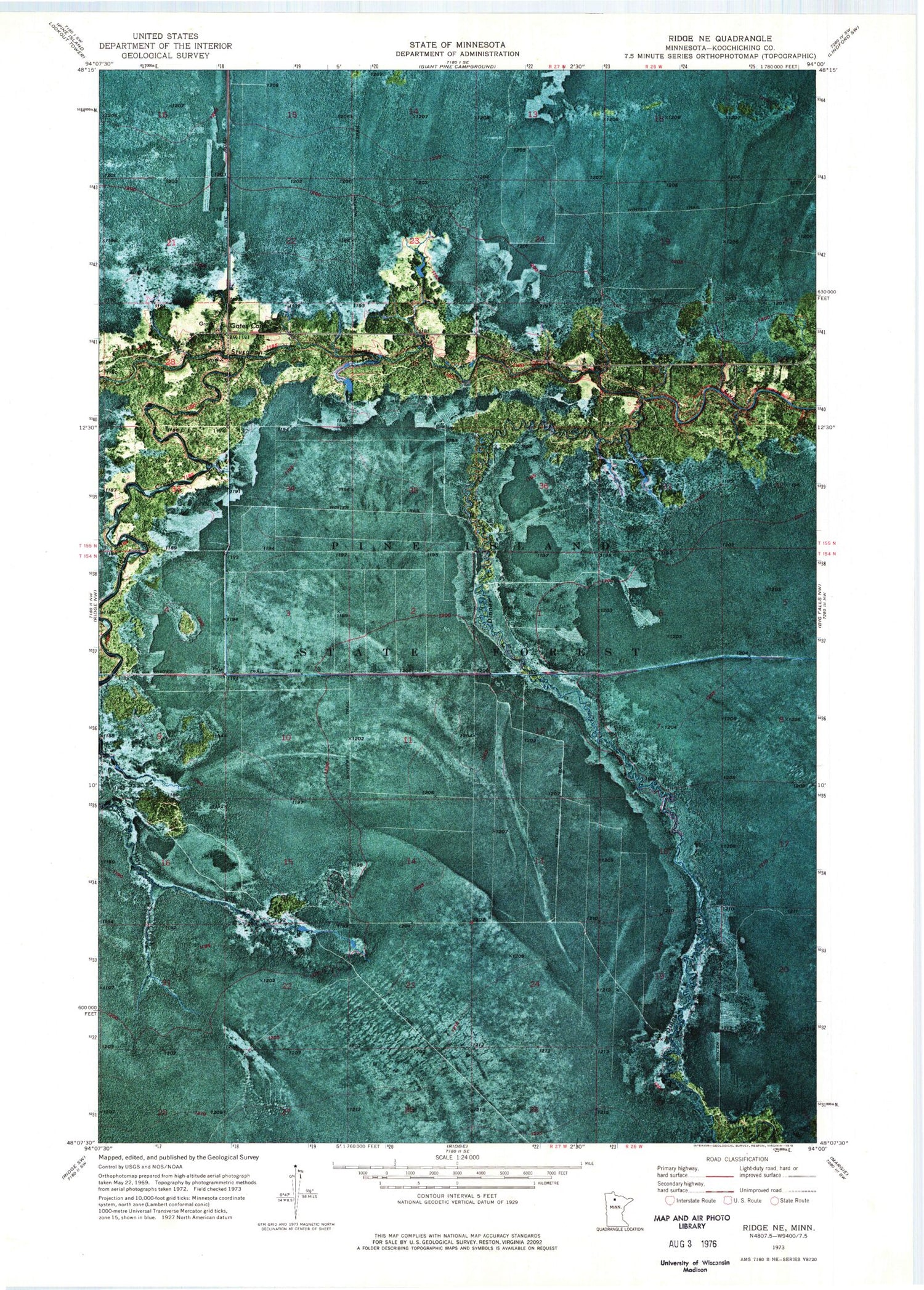 Classic USGS Ridge NE Minnesota 7.5'x7.5' Topo Map Image
