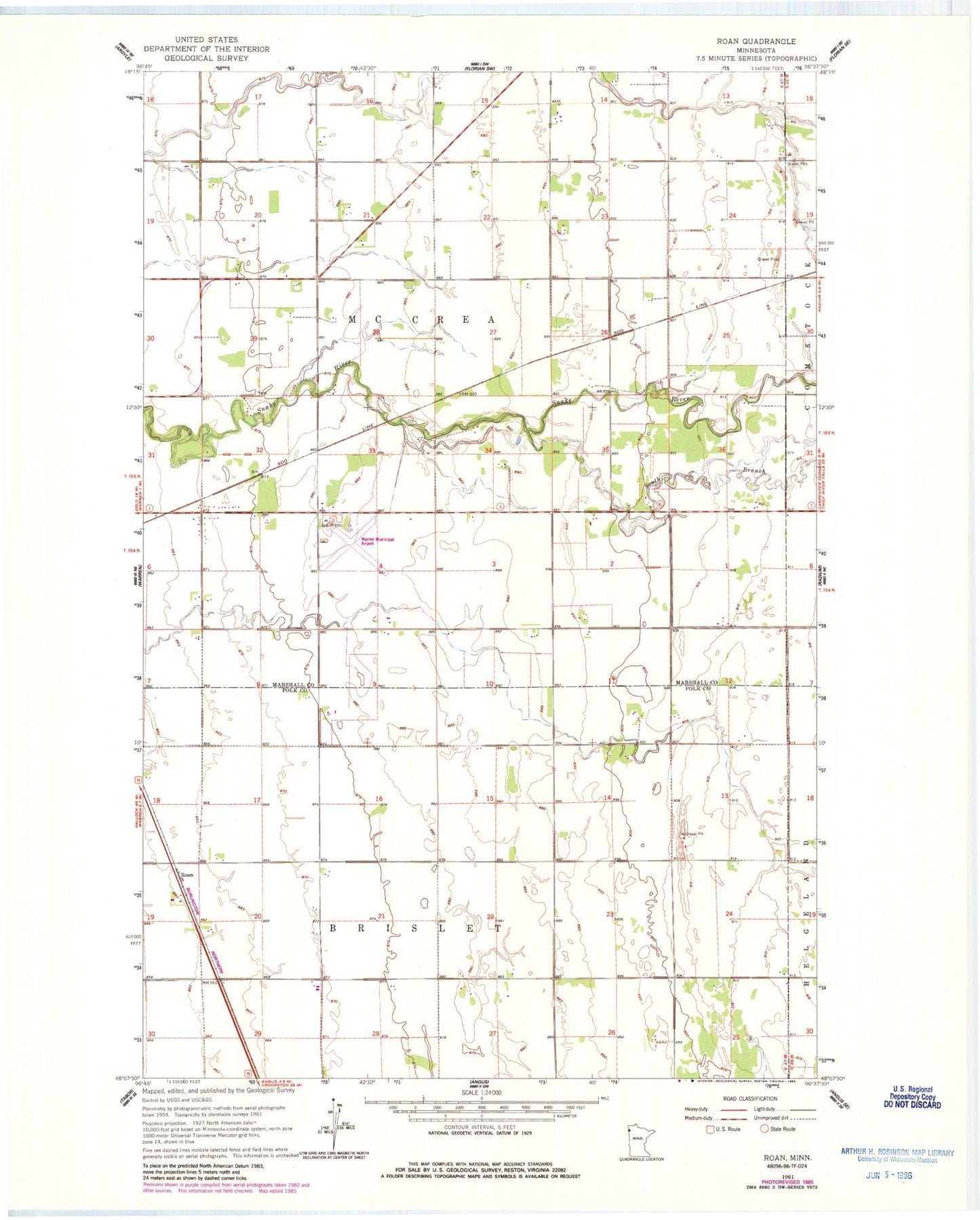 Classic USGS Roan Minnesota 7.5'x7.5' Topo Map Image