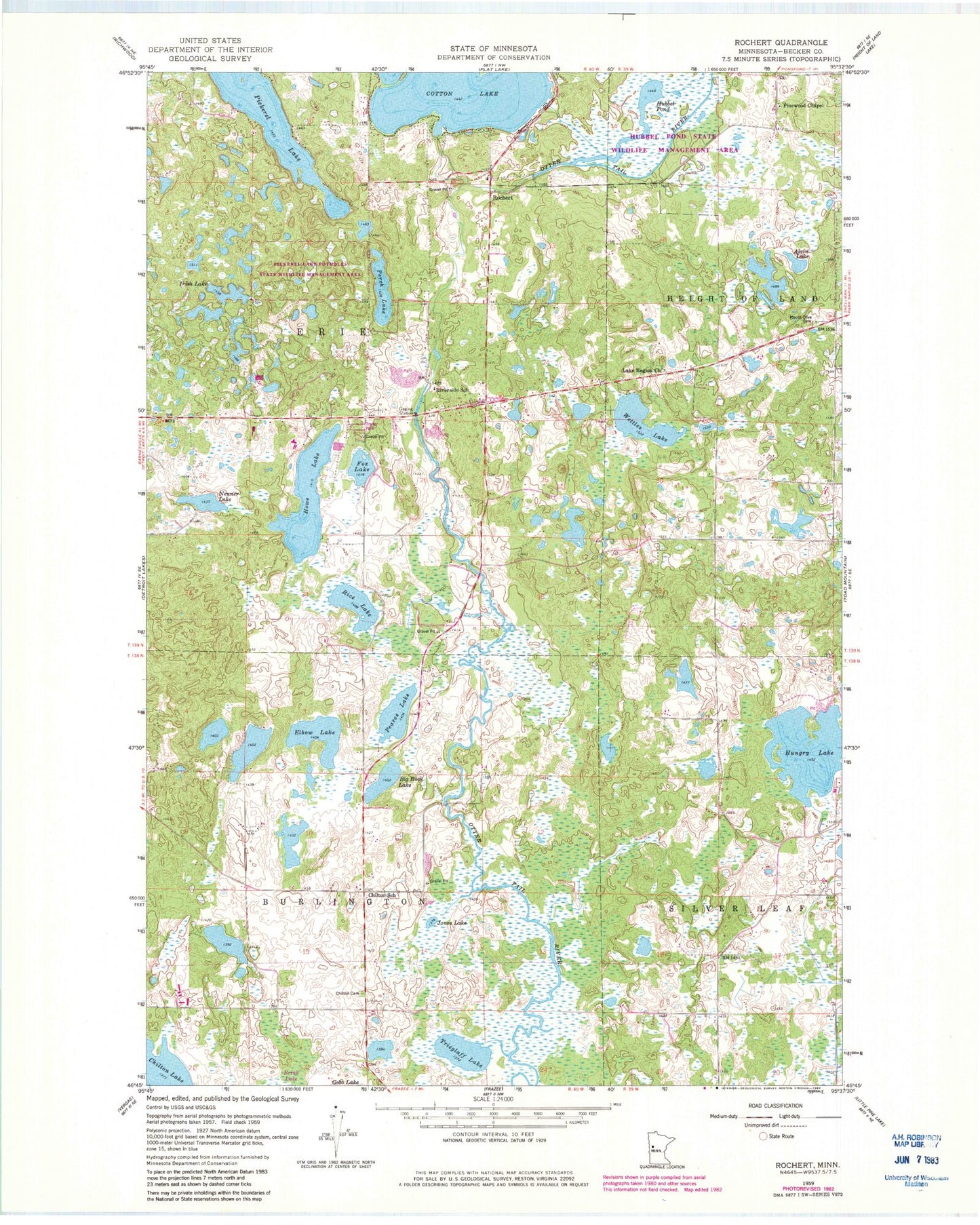 Classic USGS Rochert Minnesota 7.5'x7.5' Topo Map Image