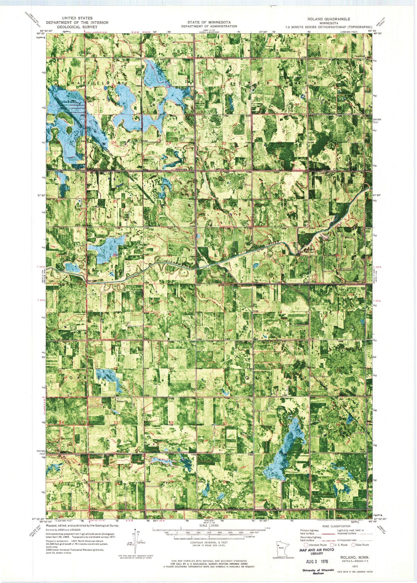 Classic USGS Roland Minnesota 7.5'x7.5' Topo Map Image