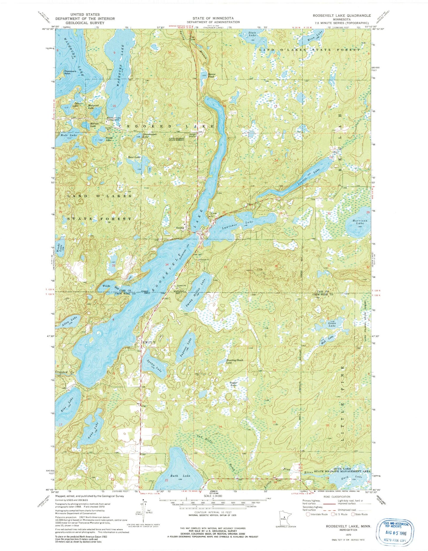 Classic USGS Roosevelt Lake Minnesota 7.5'x7.5' Topo Map Image