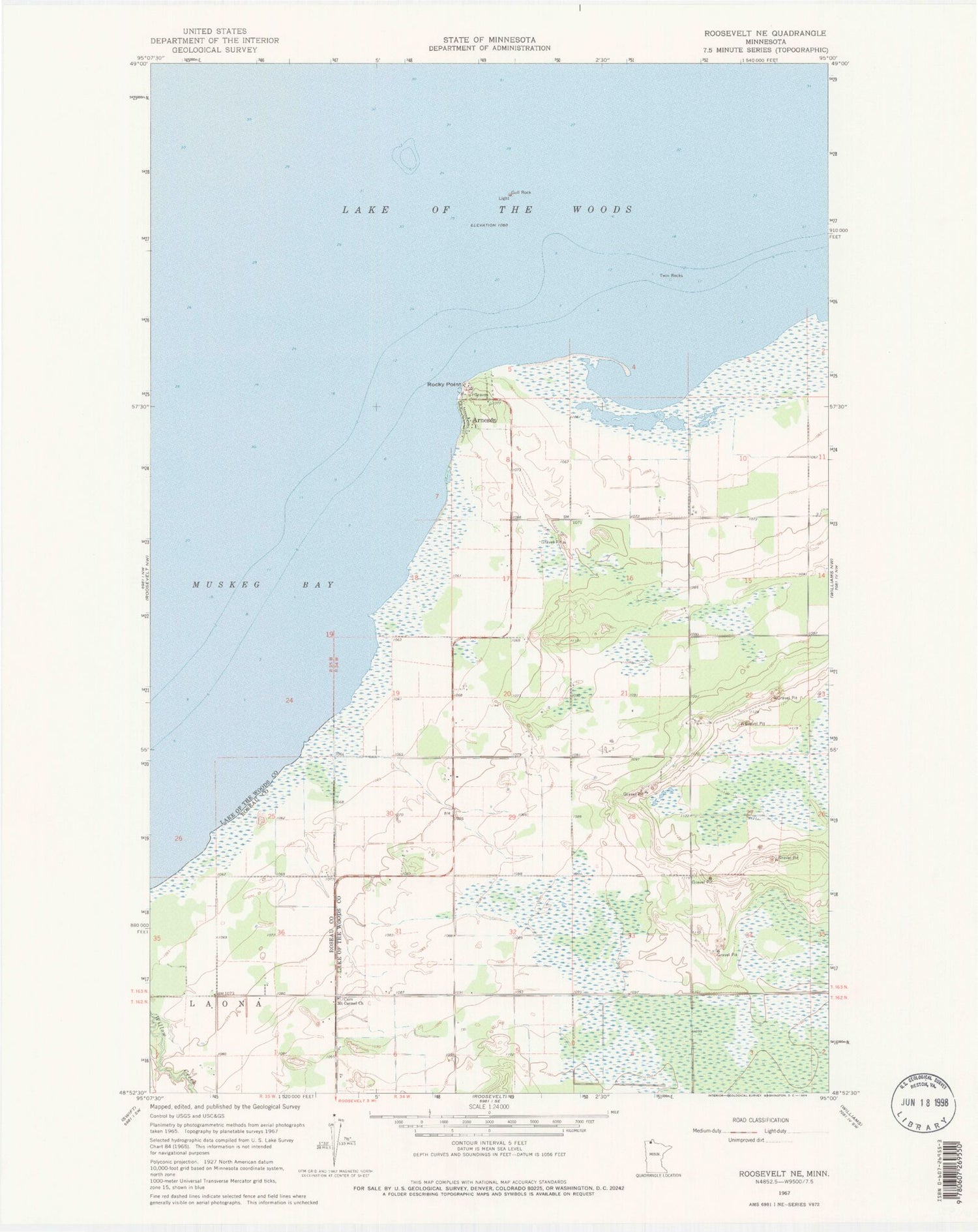 Classic USGS Roosevelt NE Minnesota 7.5'x7.5' Topo Map Image