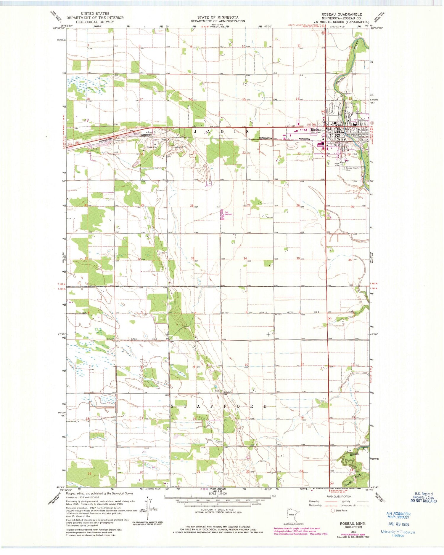 Classic USGS Roseau Minnesota 7.5'x7.5' Topo Map Image