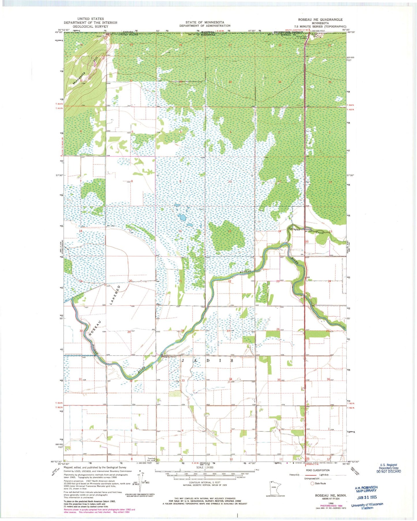 Classic USGS Roseau NE Minnesota 7.5'x7.5' Topo Map Image