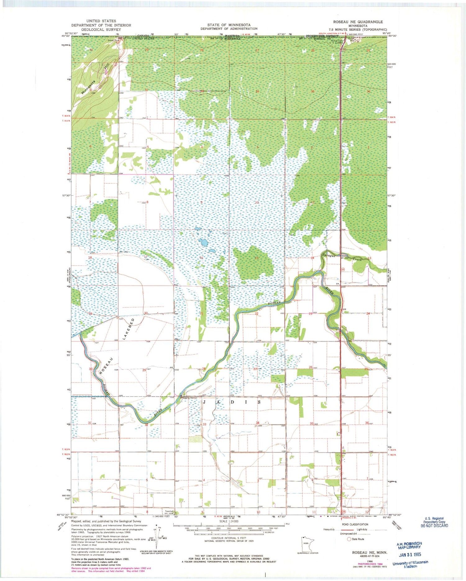 Classic USGS Roseau NE Minnesota 7.5'x7.5' Topo Map Image