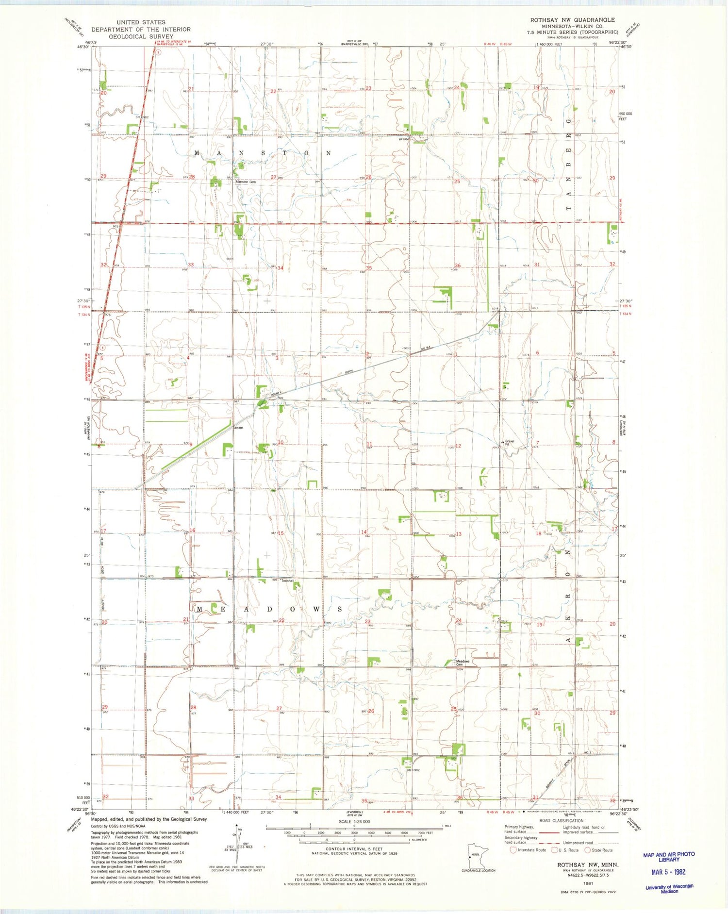 Classic USGS Rothsay NW Minnesota 7.5'x7.5' Topo Map Image