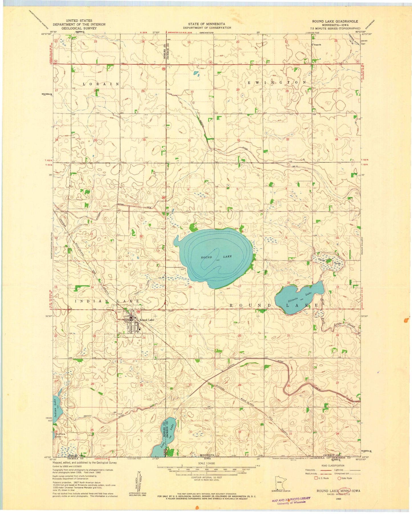 Classic USGS Round Lake Minnesota 7.5'x7.5' Topo Map Image