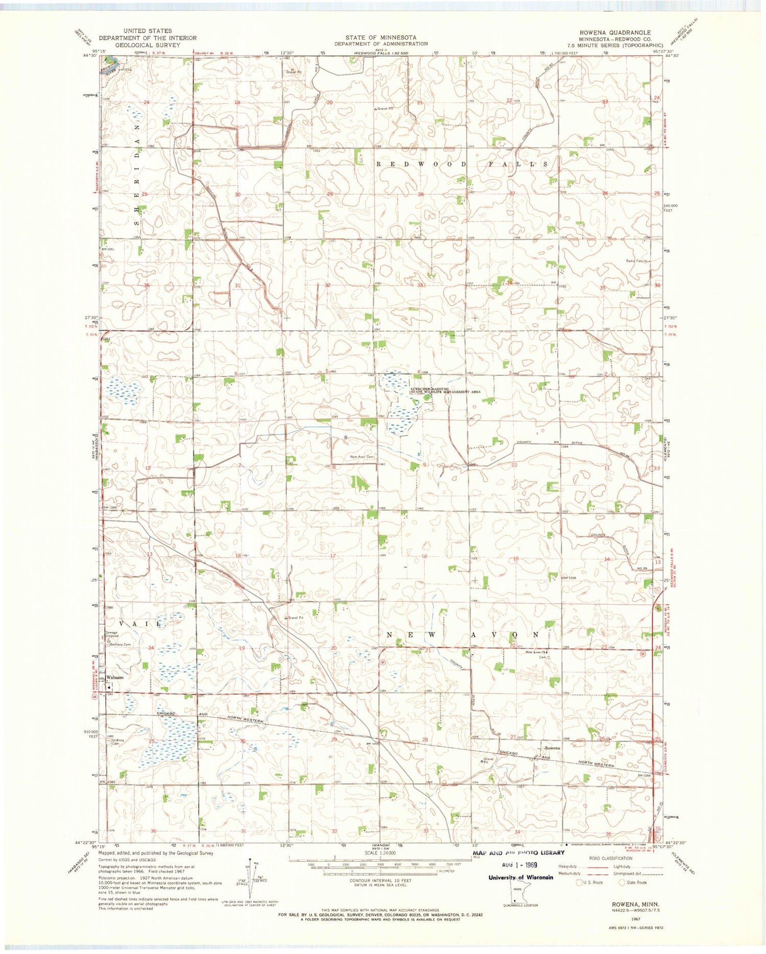 Classic USGS Rowena Minnesota 7.5'x7.5' Topo Map Image